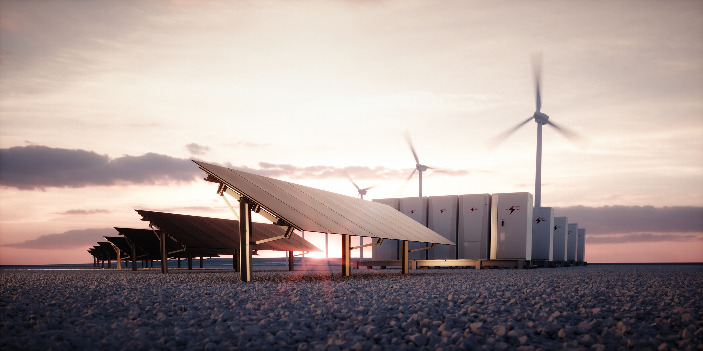 Dawn of new renewable energy technologies. Modern, aesthetic and efficient dark solar panel panels, a modular battery energy storage system and a wind turbine system in warm light. 3D rendering. Decarbonization