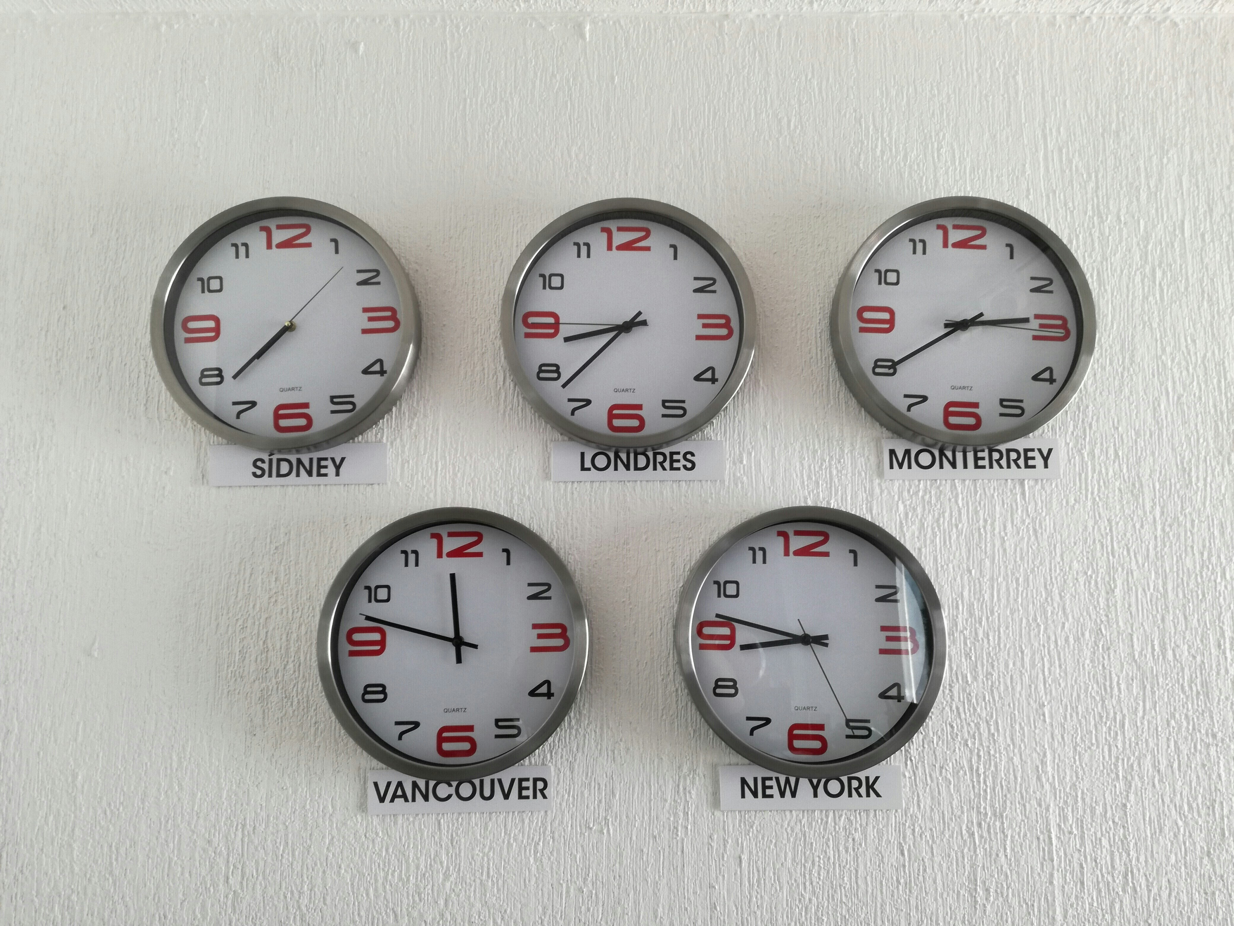 Relojes marcando diferentes zonas horarias en una pared blanca: casi la mitad del gasto diario mundial se produce en solo tres husos horarios.