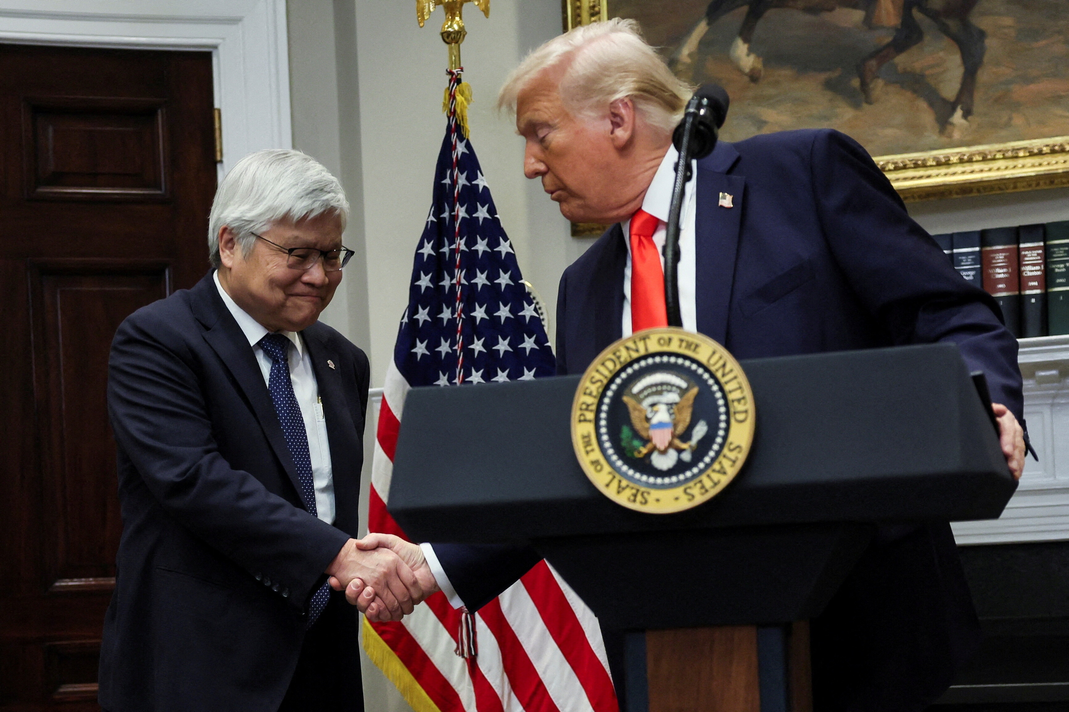 US President Donald Trump shakes hands with C.C. Wei, Chairman and CEO of Taiwan Semiconductor Manufacturing Company (TSMC), as they make an announcement about an investment from Taiwan Semiconductor Manufacturing Company (TSMC), in the Roosevelt Room at the White House in Washington, DC, United States, March 3, 2025: There has been a buzz around AI sovereignty