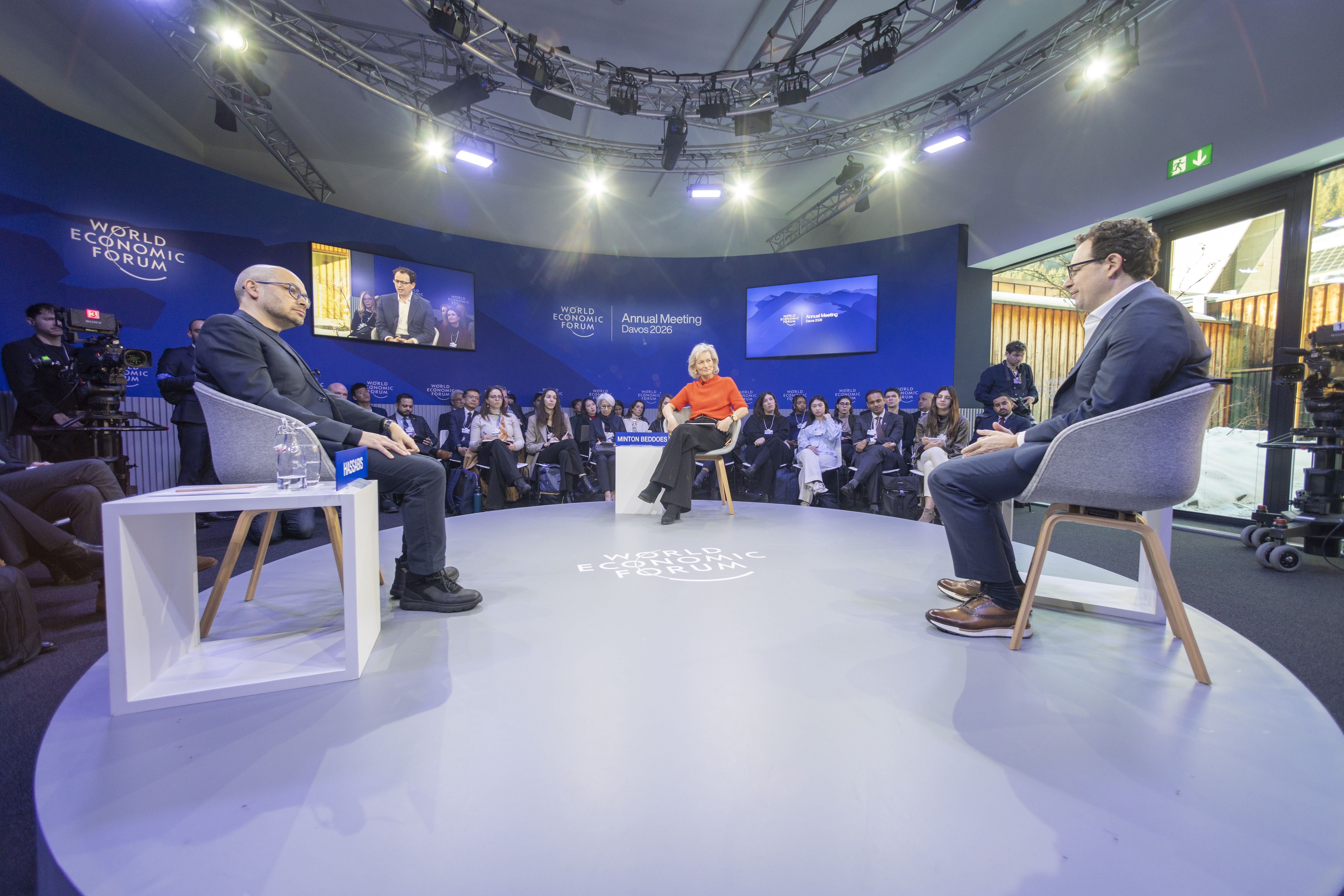 The Day After AGI session with Dario Amodei, Chief Executive Officer and Co-Founder, Anthropic, USA; Demis Hassabis, Co-Founder and Chief Executive Officer, Google DeepMind, United Kingdom; Zanny Minton Beddoes, Editor-in-Chief, The Economist, United Kingdom; at the World Economic Forum Annual Meeting 2026 in Davos-Klosters, Switzerland, on 20/1/2026 from 13:30 to 14:00 in the Congress Centre â Aspen 1 (Zone B), Stakeholder Dialogue. (agi). ©2026 World Economic Forum