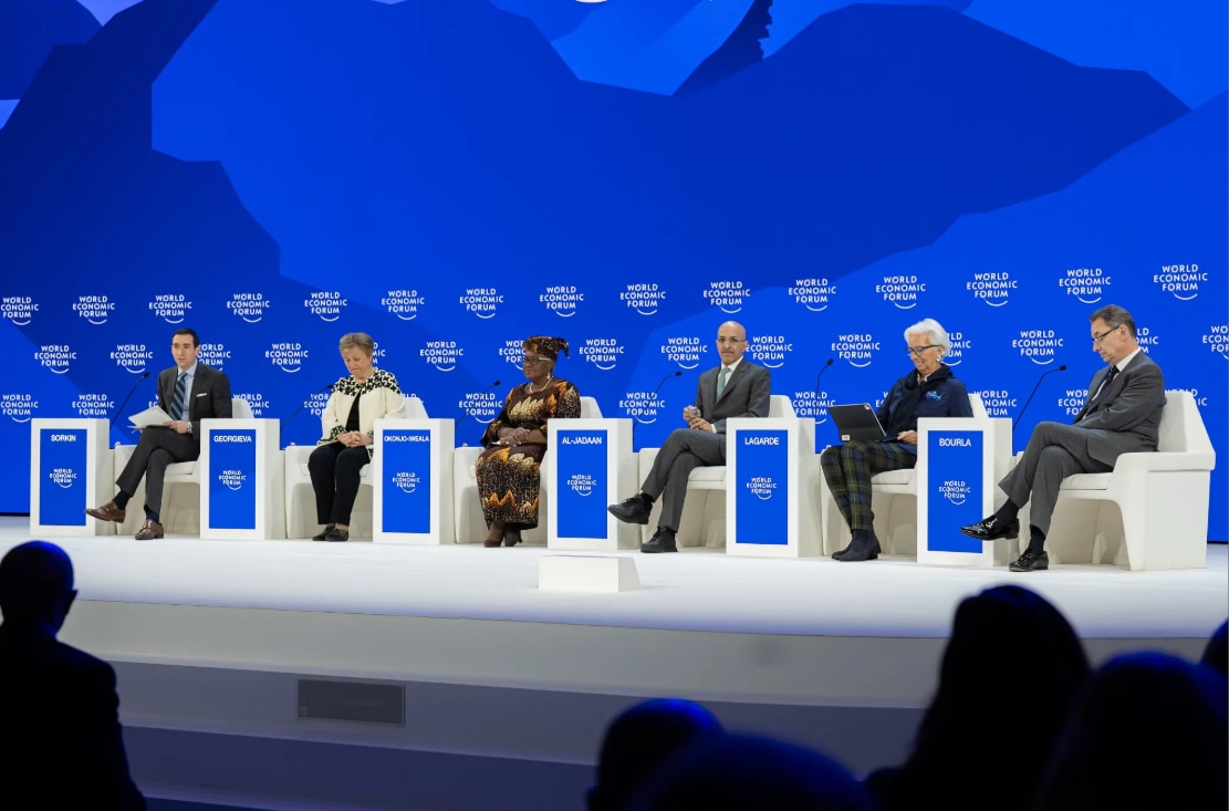 Global Economic Outlook session with Albert Bourla, Chairman and CEO, Pfizer, USA; Andrew R. Sorkin, Editor-at-Large; Columnist, New York Times, USA; Christine Lagarde, President of the European Central Bank, Frankfurt; Kristalina Georgieva, Managing Director, International Monetary Fund (IMF); Mohammed Al-Jadaan, Minister of Finance of Saudi Arabia; Ngozi Okonjo-Iweala, Director-General, World Trade Organization (WTO), Geneva; at the World Economic Forum Annual Meeting 2026