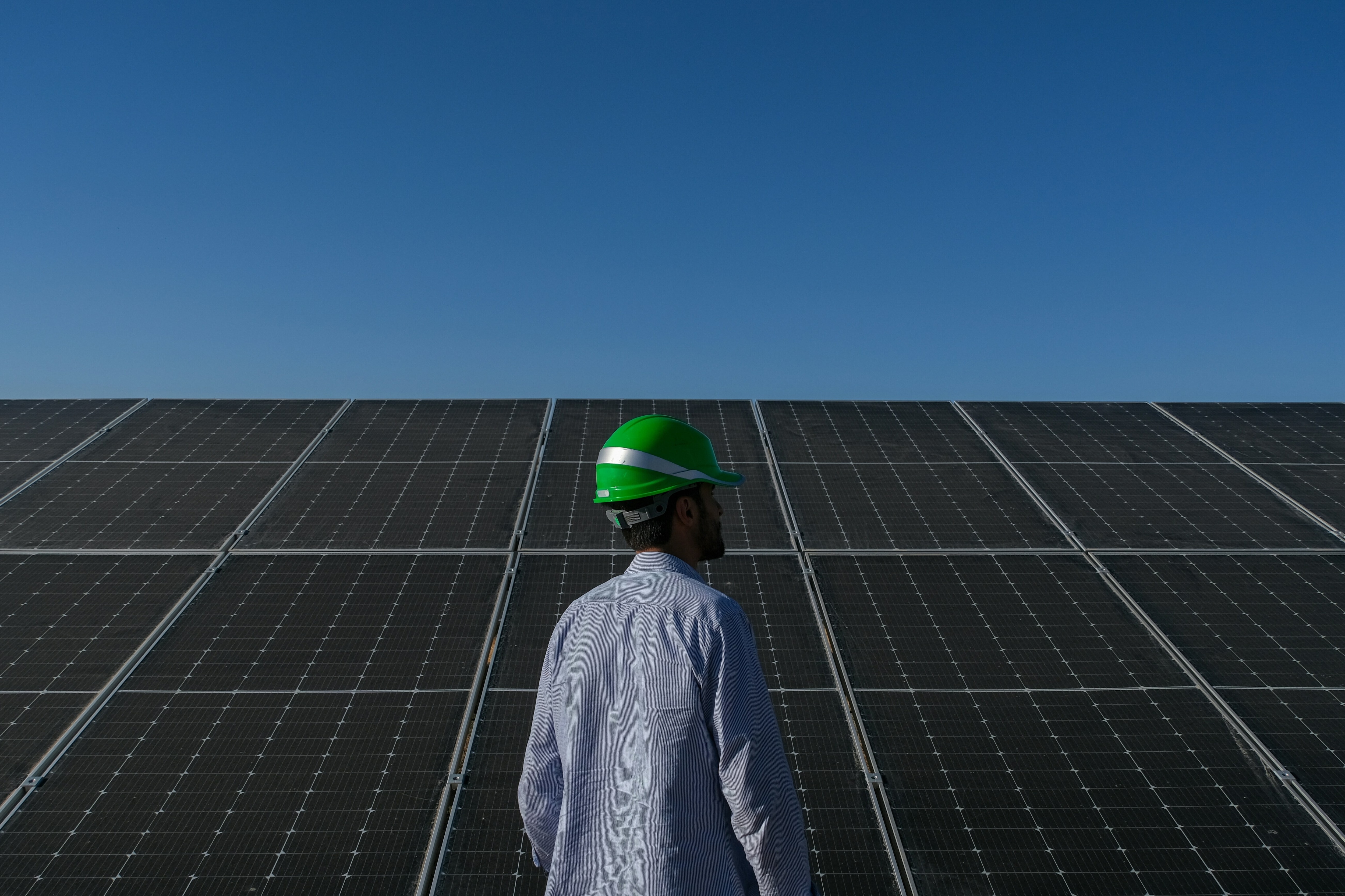 The back of a man in a blue striped shirt and green hard hat, standing in front of solar panels: Early stage ventures can create good jobs, collaboration can help them scale