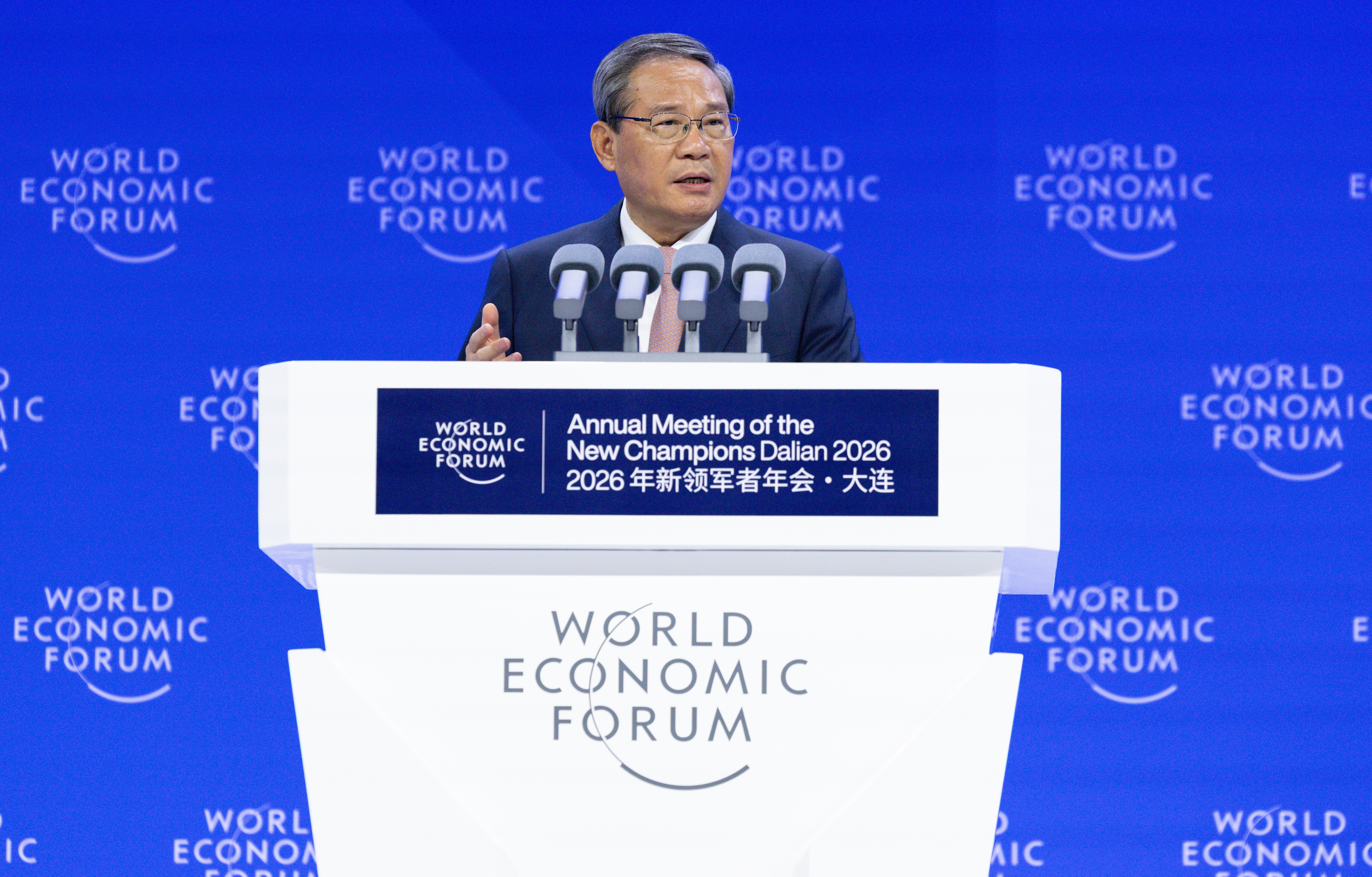 Opening Plenary session with Alois Zwinggi, President and CEO, World Economic Forum; Gim Huay Neo, Managing Director, World Economic Forum; Li Qiang, Premier of the People's Republic of China; Wang Xinwei, Governor, People's Government of Liaoning Province, People's Republic of China during the Annual Meeting of the New Champions in Dalian, People's Republic of China, on 24/6/2026 from 10:00 to 10:45 in the Dalian International Conference Center - Plenary Hall (Zone C), Opening. (opening). Â©2026 World Economic Forum
