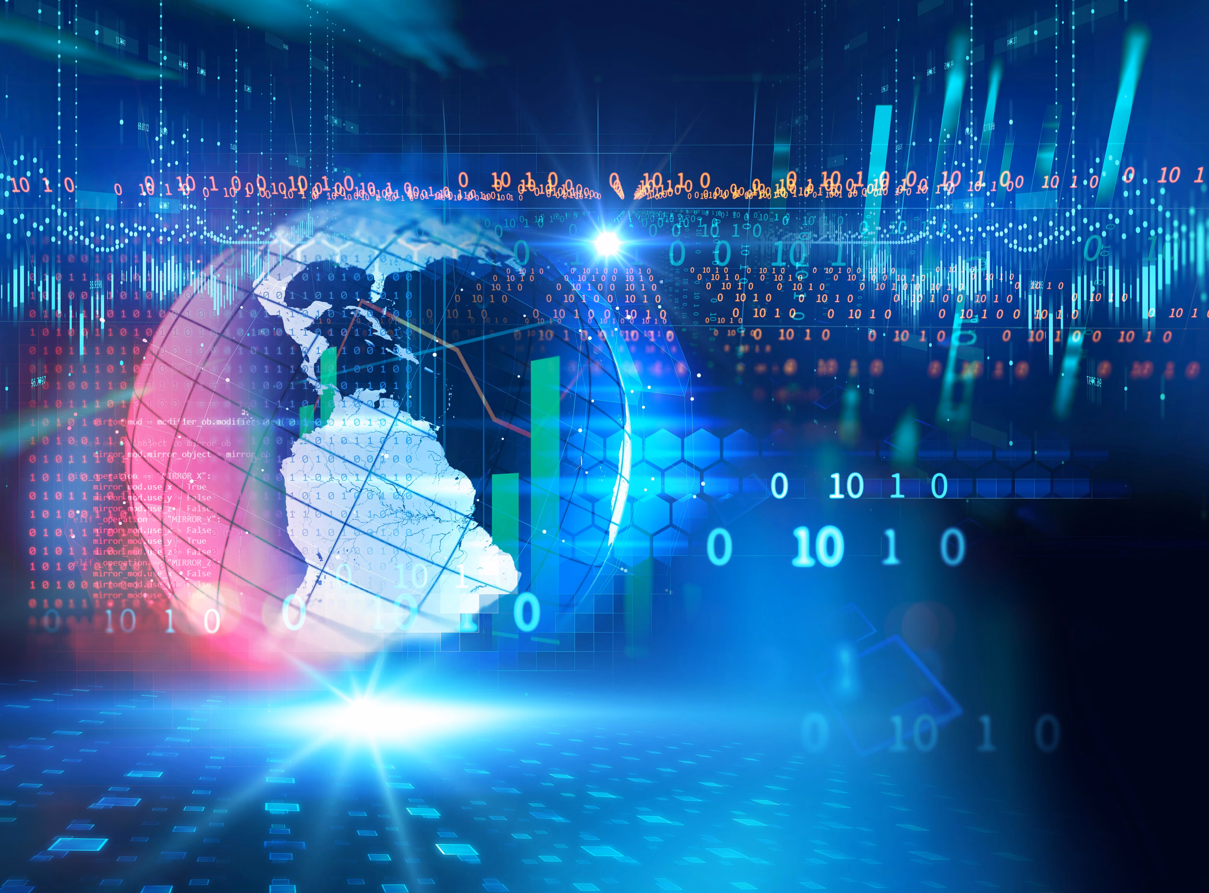 Imagen de un globo terráqueo con dígitos binarios superpuestos y colocados en el fondo.