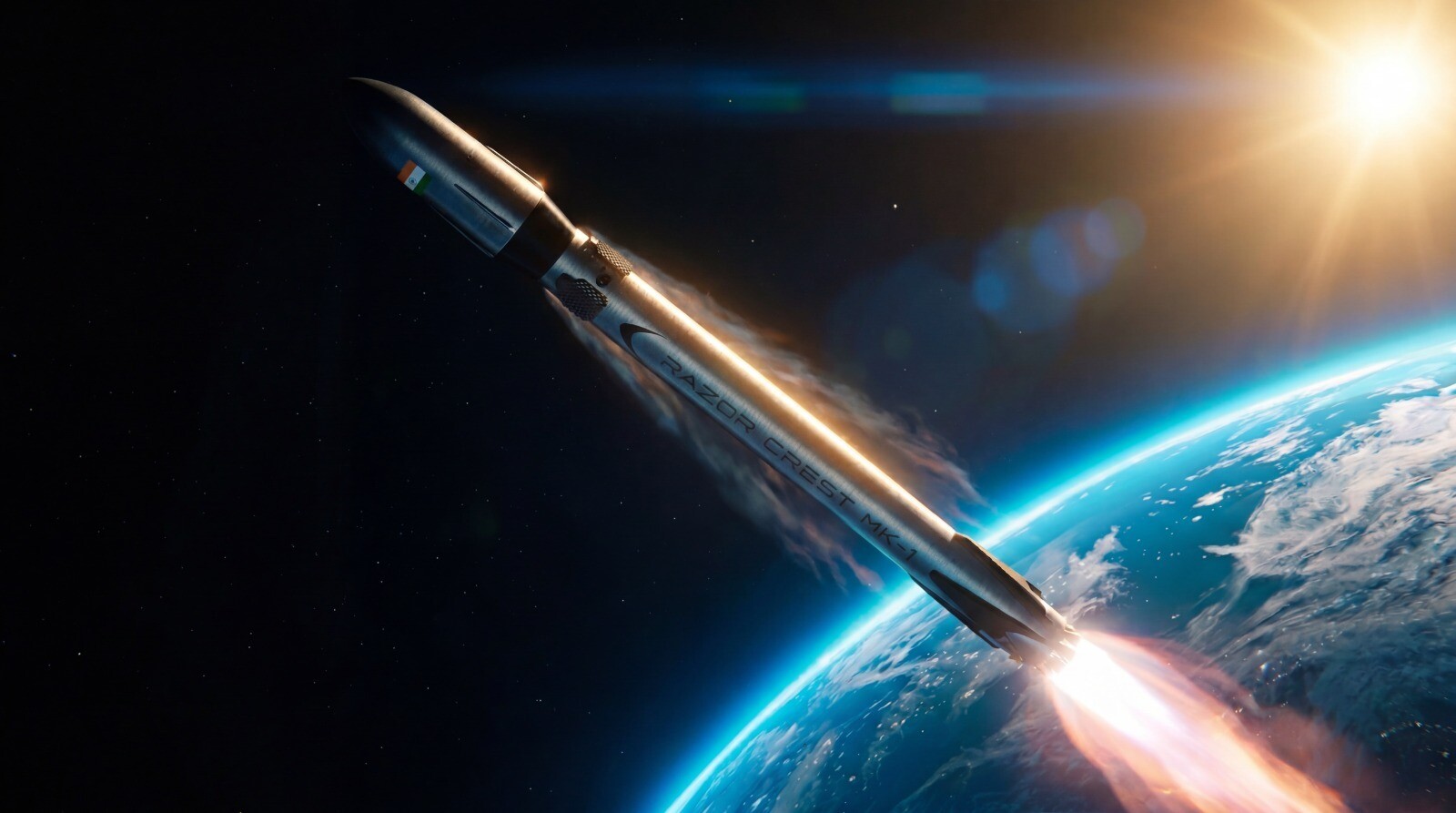 A closeup of an orbital launch in space, visible above the Earth's surface: Improving space access will serve the resilience of space services