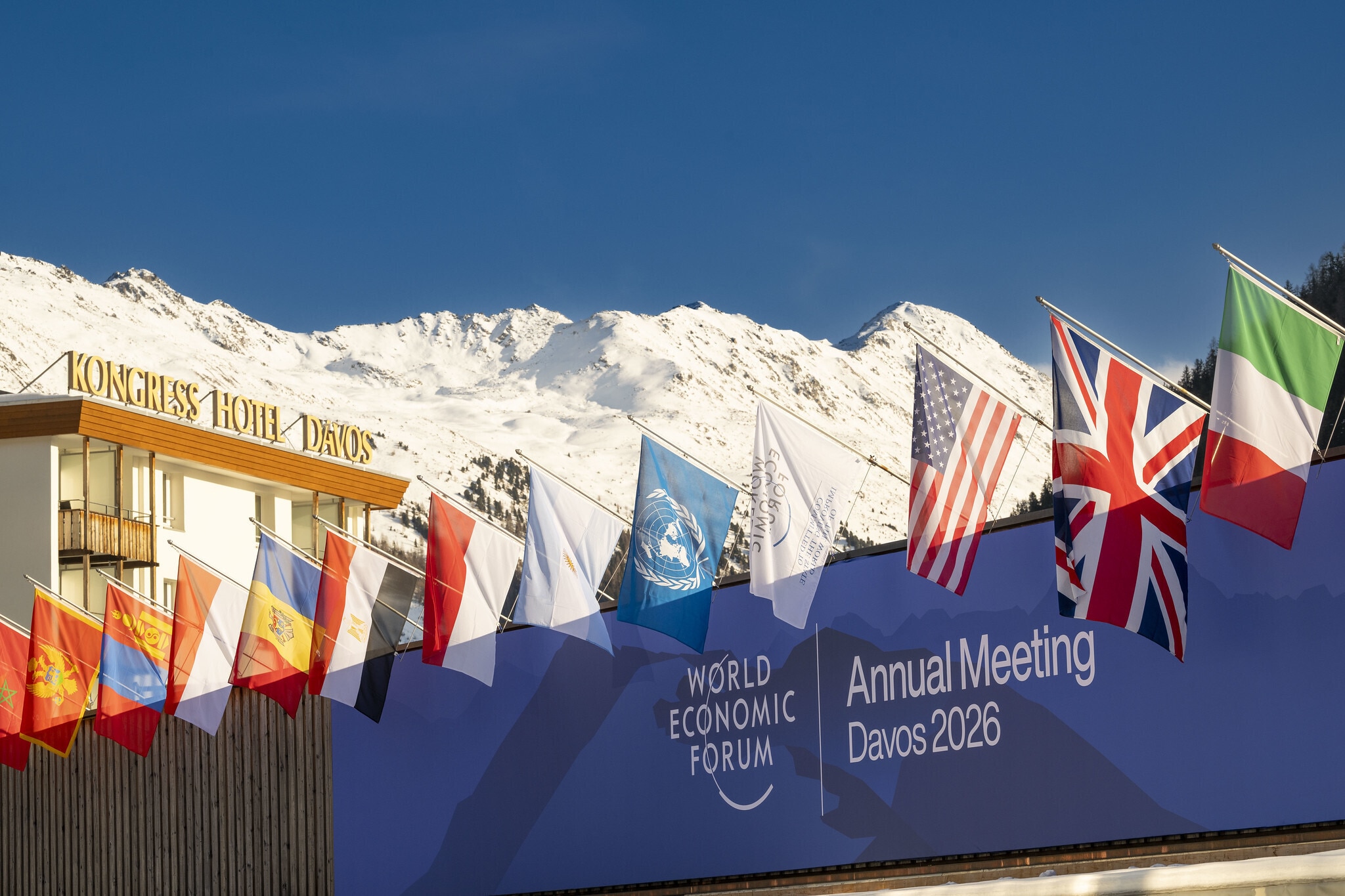 Global flags outside the World Economic Forum Annual Meeting 2026 in Davos.