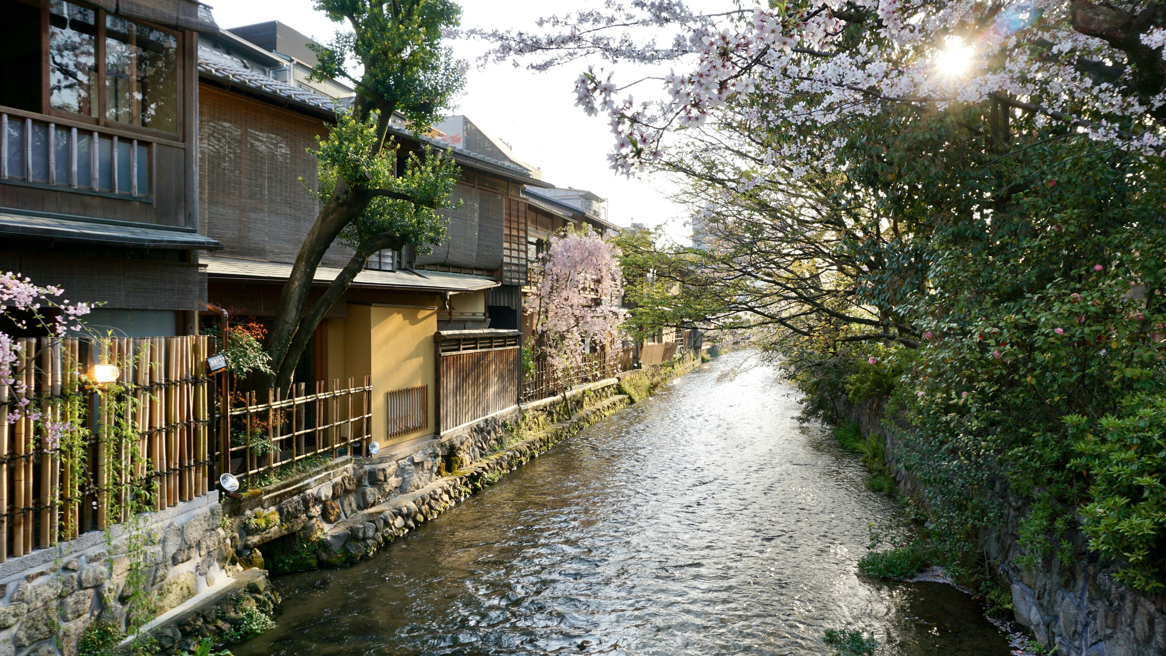 A river alongside houses in Kyoto, Japan: Various factors including poor water infrastructure threaten water security in Japan.
