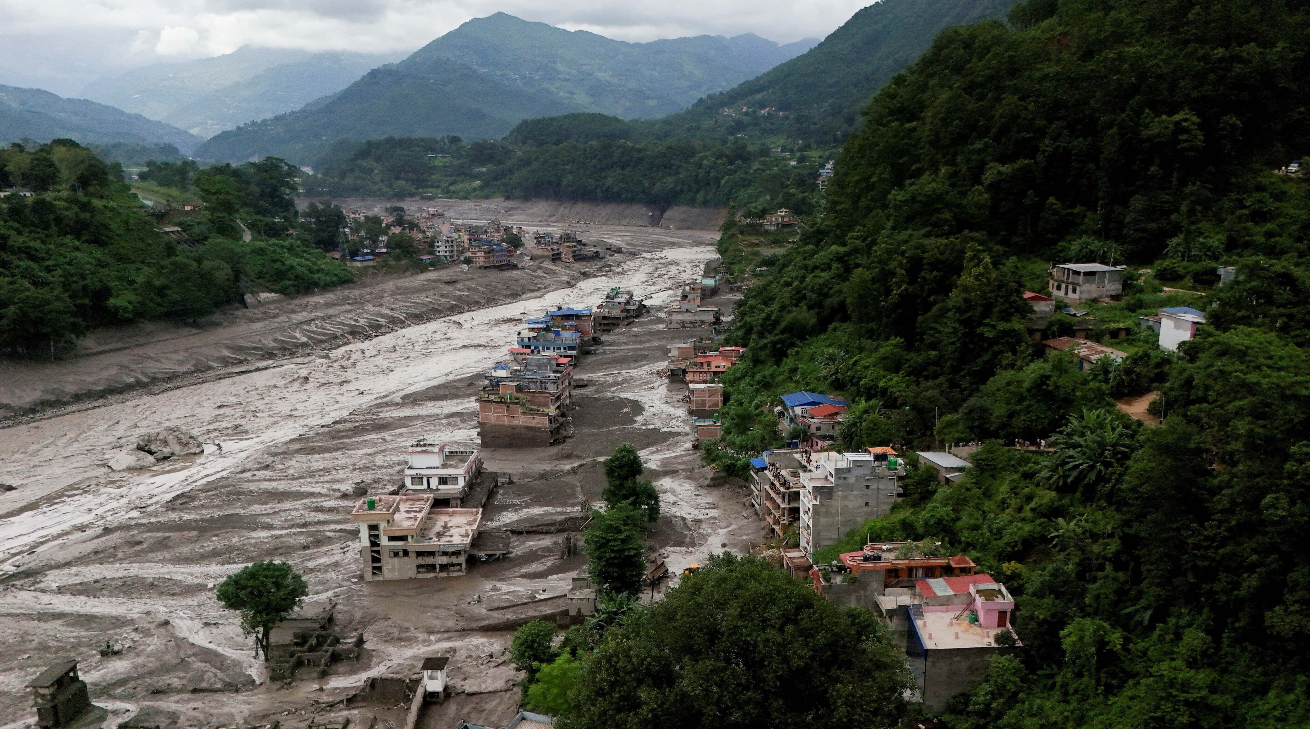 A drone view of mud covered properties following a flash flood at Trishuli in Nuwakot district, Nepal.