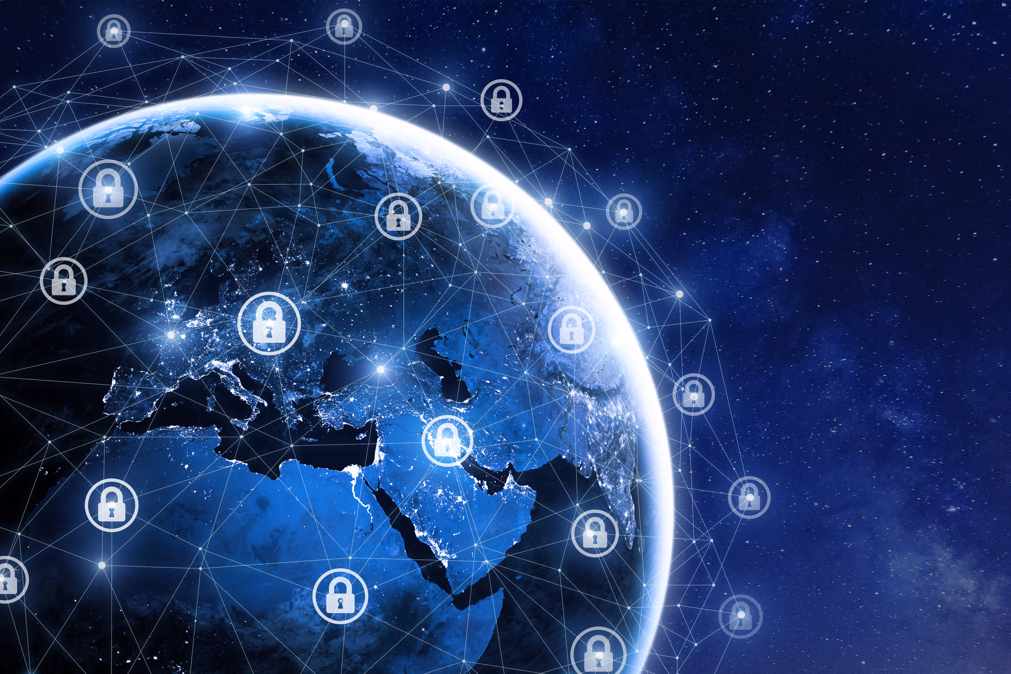 Ciberseguridad y comunicación global, tecnología de redes de datos seguras, protección contra ciberataques para conexiones en todo el mundo, finanzas, IoT y criptomonedas, el planeta Tierra en el espacio, elementos de la NASA.