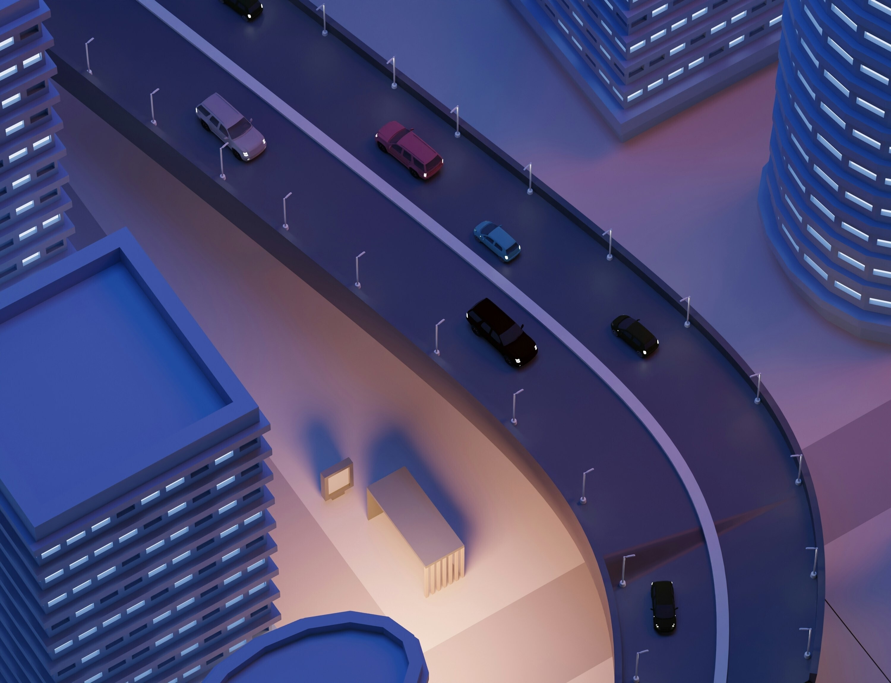 3D rendering of a city street featuring cars driving along the road amidst urban buildings and sidewalks.