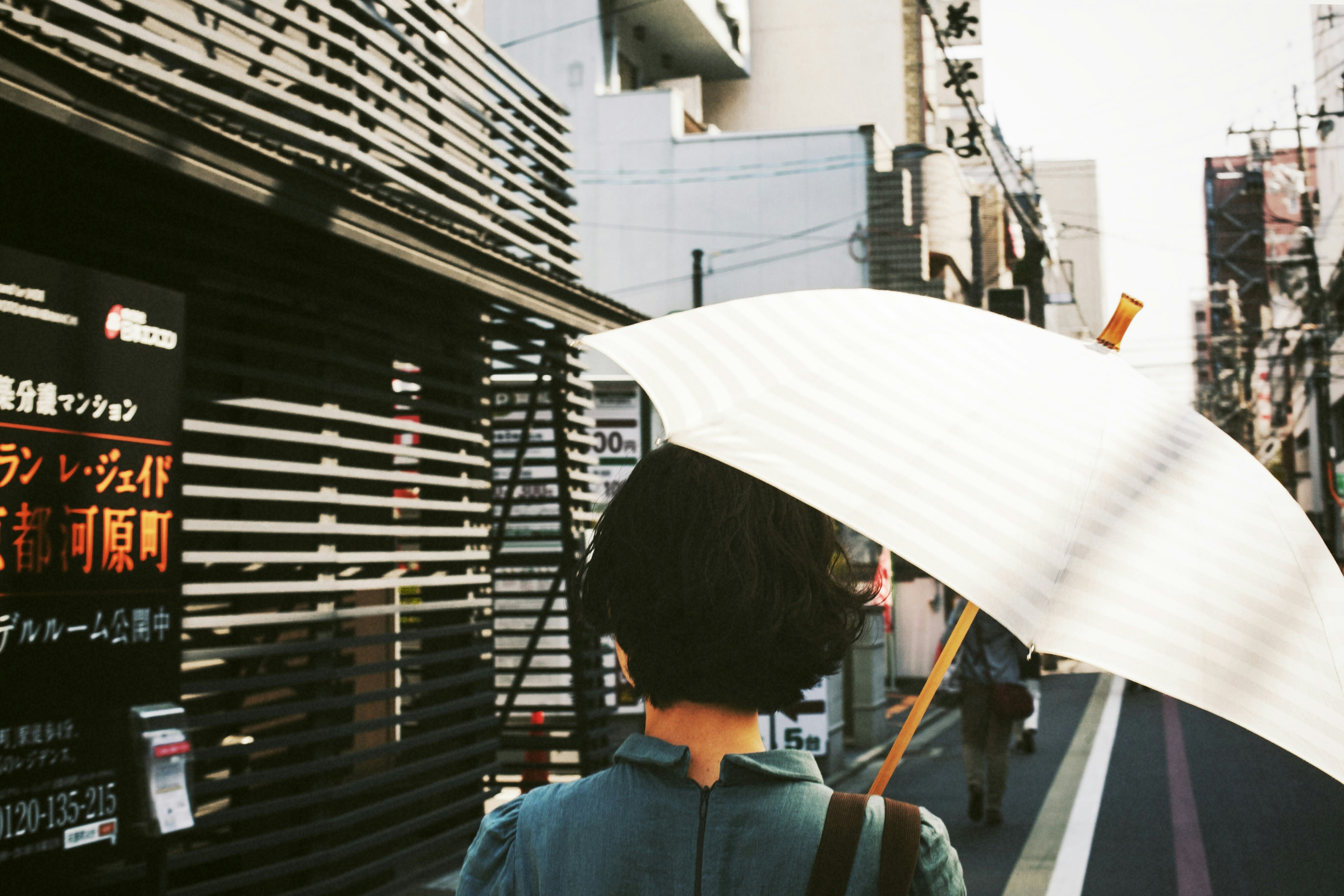 Woman with parasol, sun umbrella, street, Japanese sign; Kyoto; extreme heat