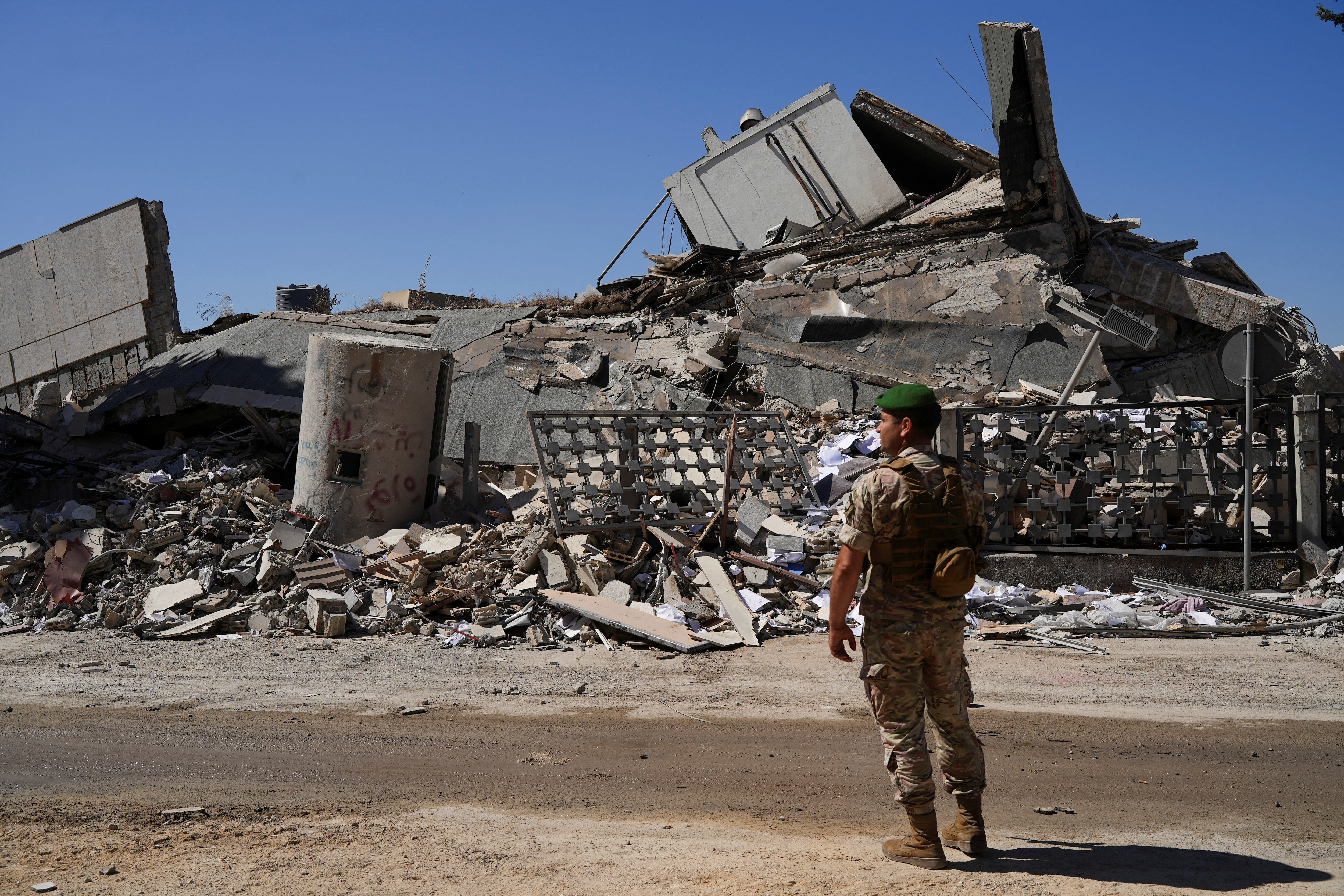 A Lebanese army soldier inspects the damage in the aftermath of an Israeli strike in Nabatieh, Lebanon June 21, 2026. REUTERS/Stringer  REFILE - QUALITY REPEAT