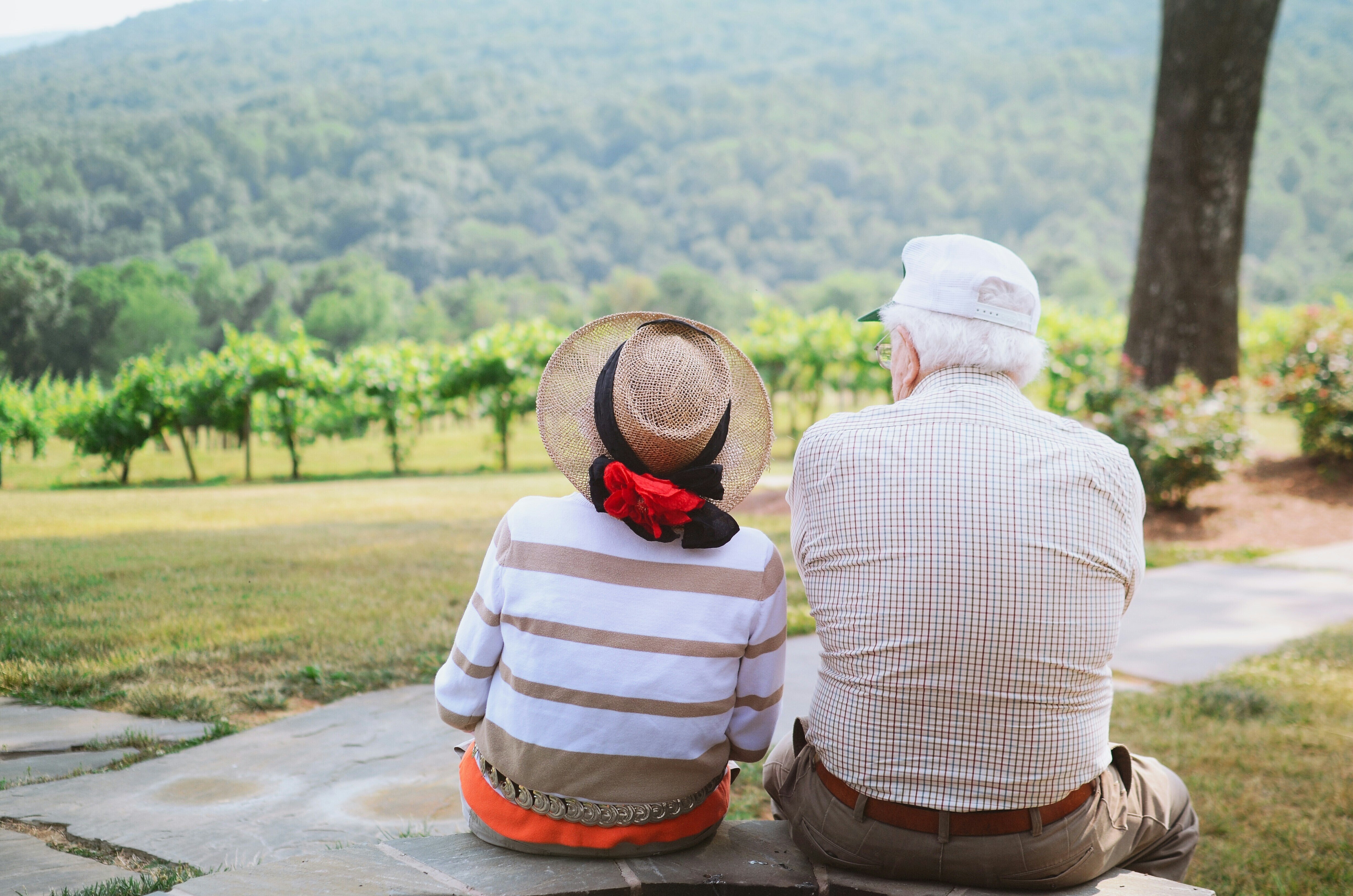 An elderly couple sitting in a park.