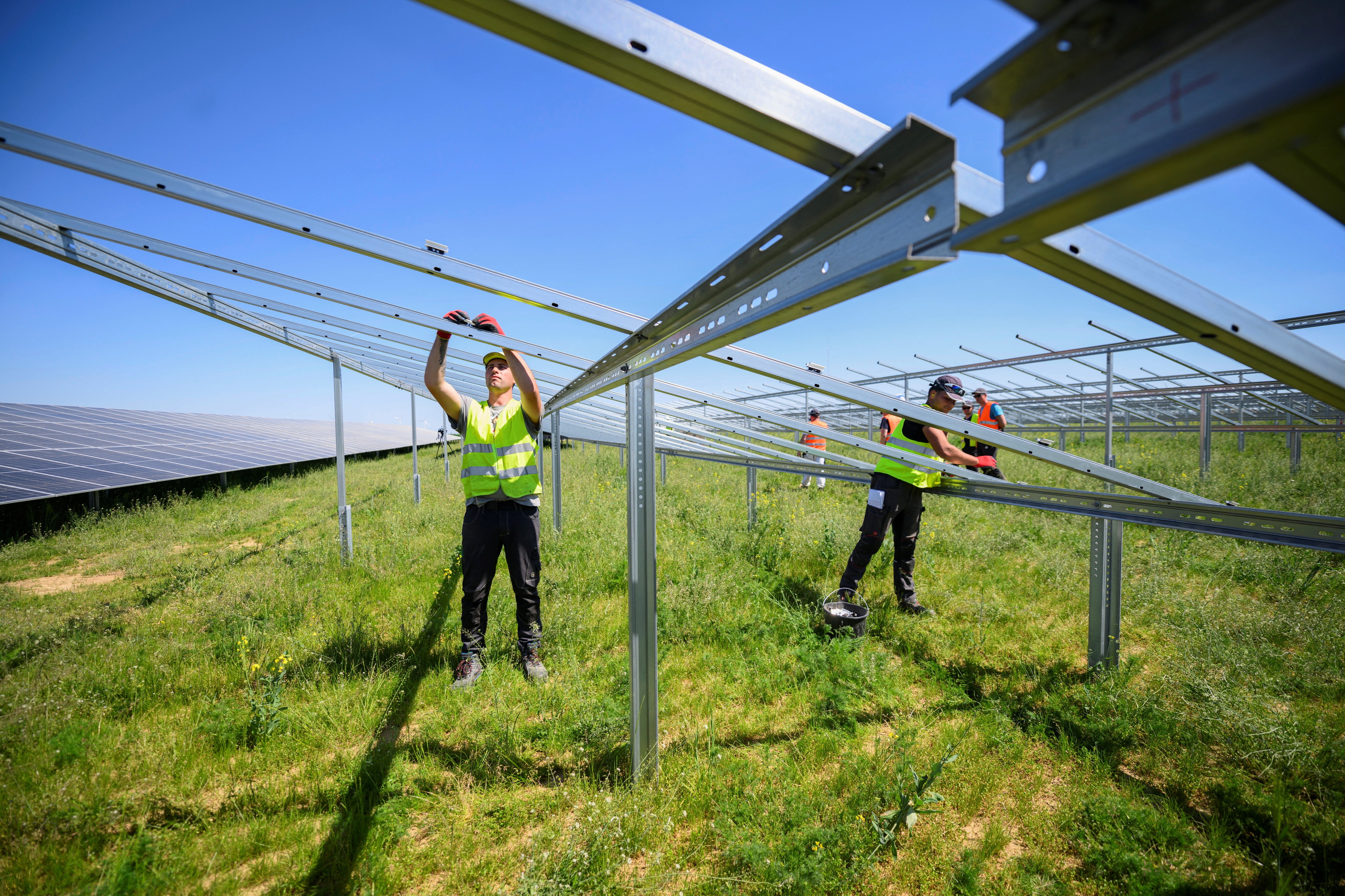 Workers set up new solar panels at a solar panel site under construction by German power supplier RWE AG which is intended to supply energy to about 27,700 German households by the end of 2025, near the A44 highway between the cities of Bedburg and Juechen Germany, May 13, 2025. REUTERS/Jana Rodenbuschâ¨â¨