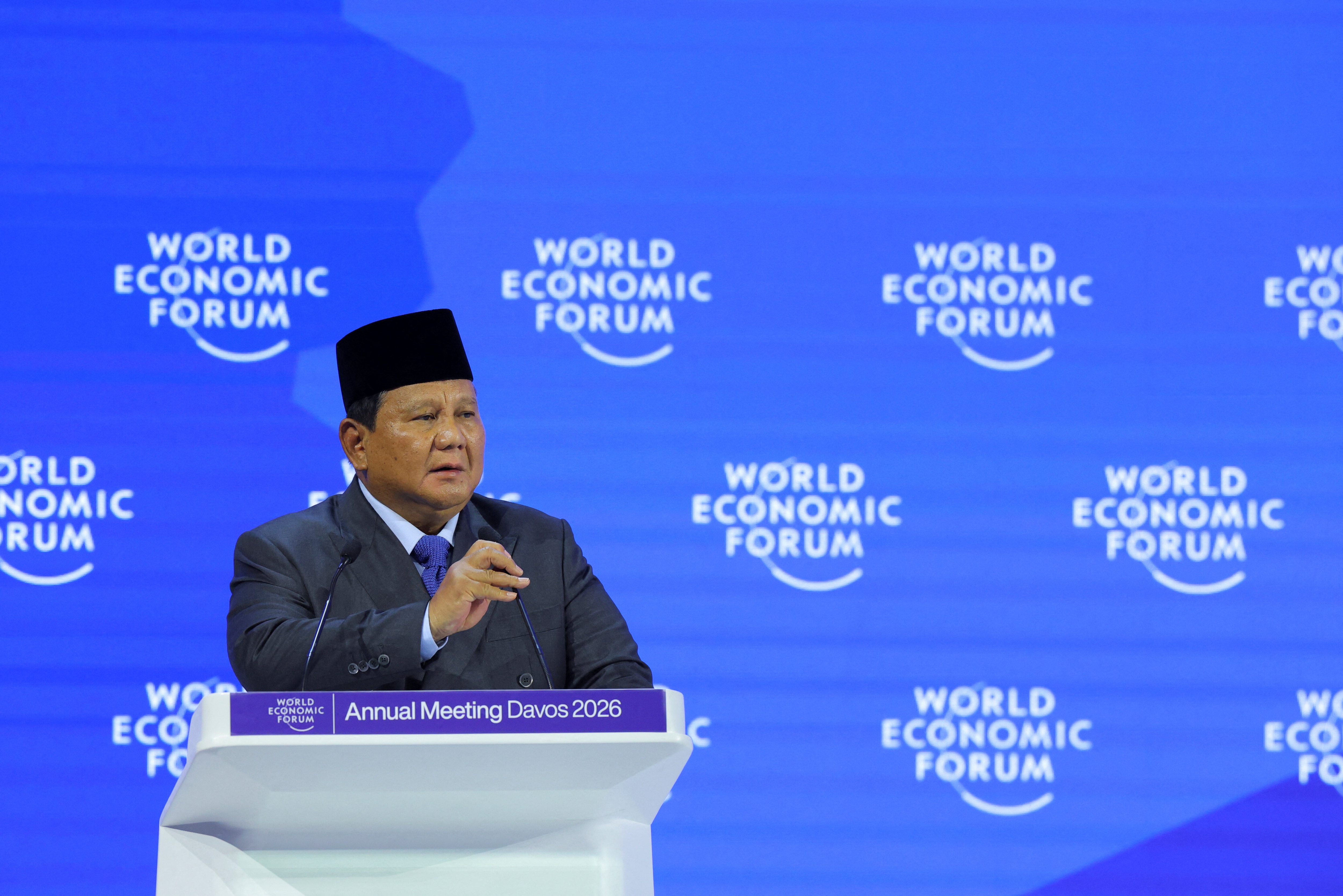 Indonesia's President Prabowo Subianto addresses the 56th annual World Economic Forum (WEF) meeting in Davos.
