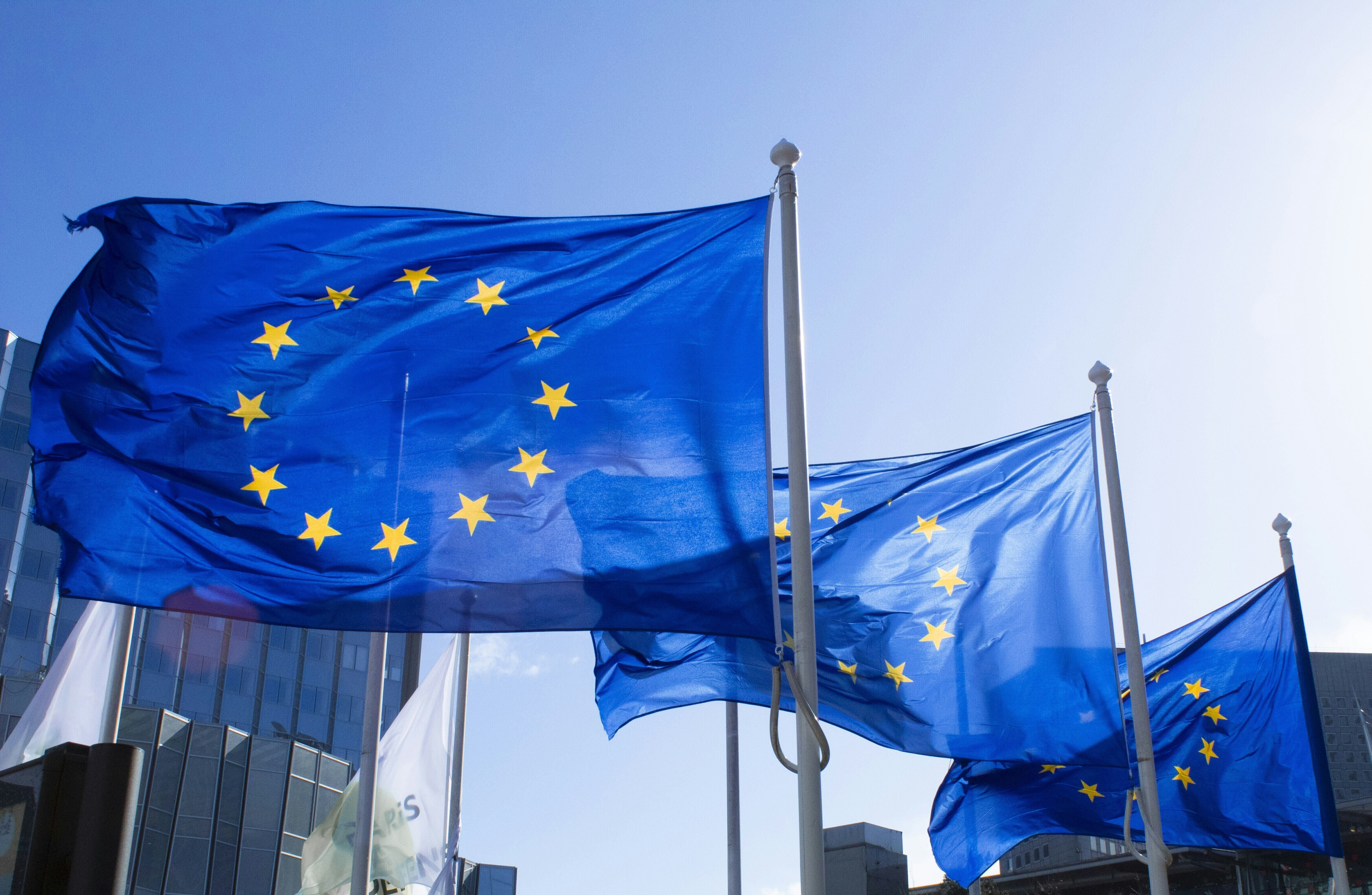European Union flags are seen flying above a building.