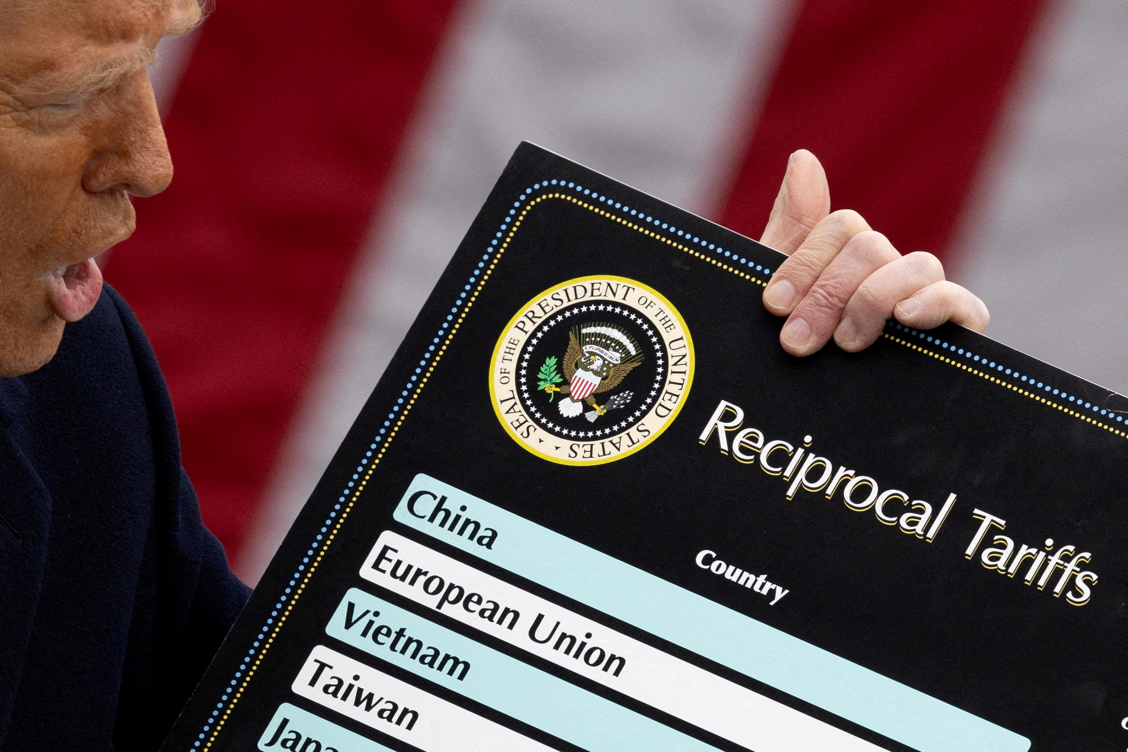 FILE PHOTO: U.S. President Donald Trump delivers remarks on tariffs in the Rose Garden at the White House in Washington, D.C., U.S., April 2, 2025. REUTERS/Carlos Barria/File Photo