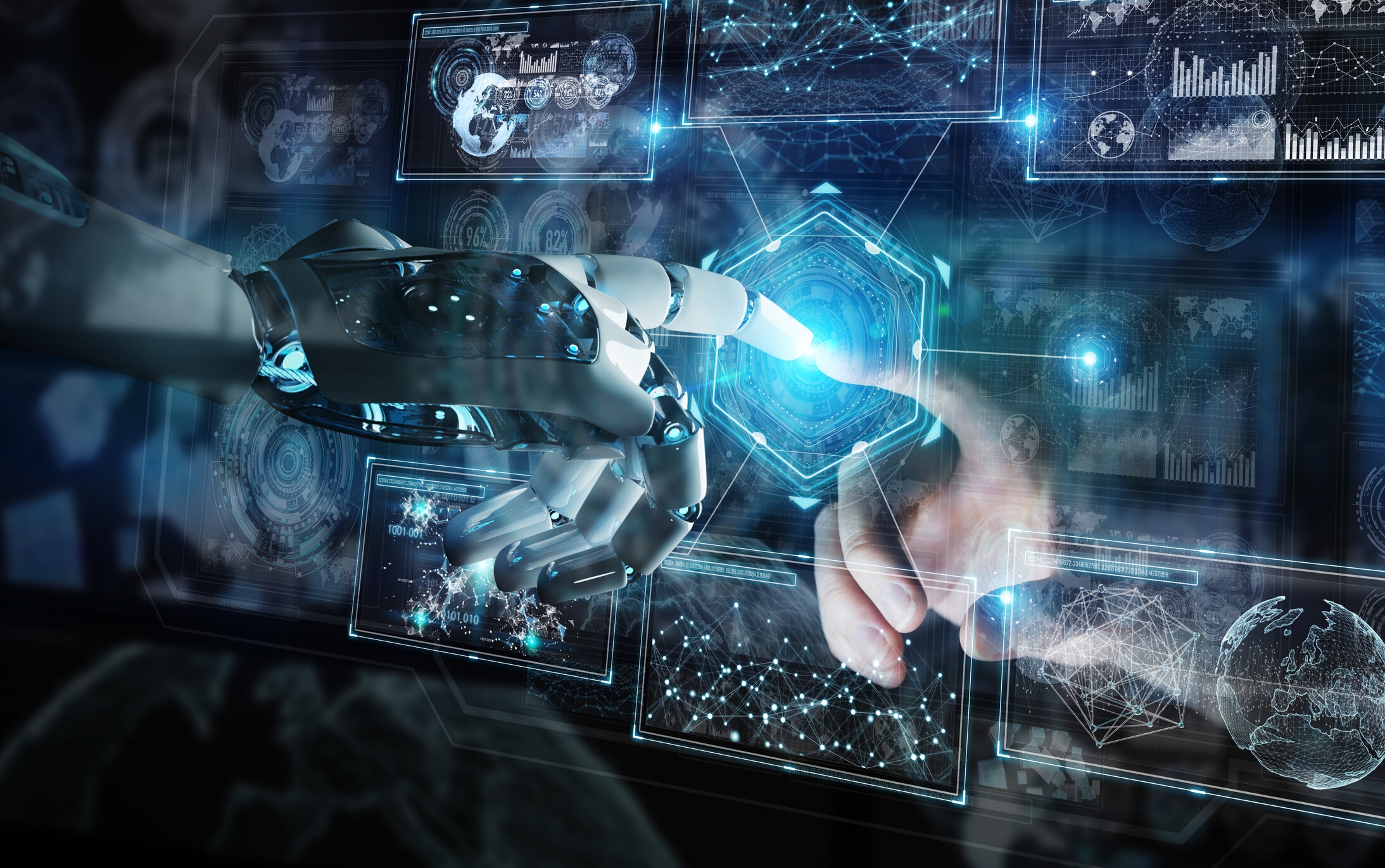 Stylized image of a robot and a human hand touching a digital graph on a 3D interface