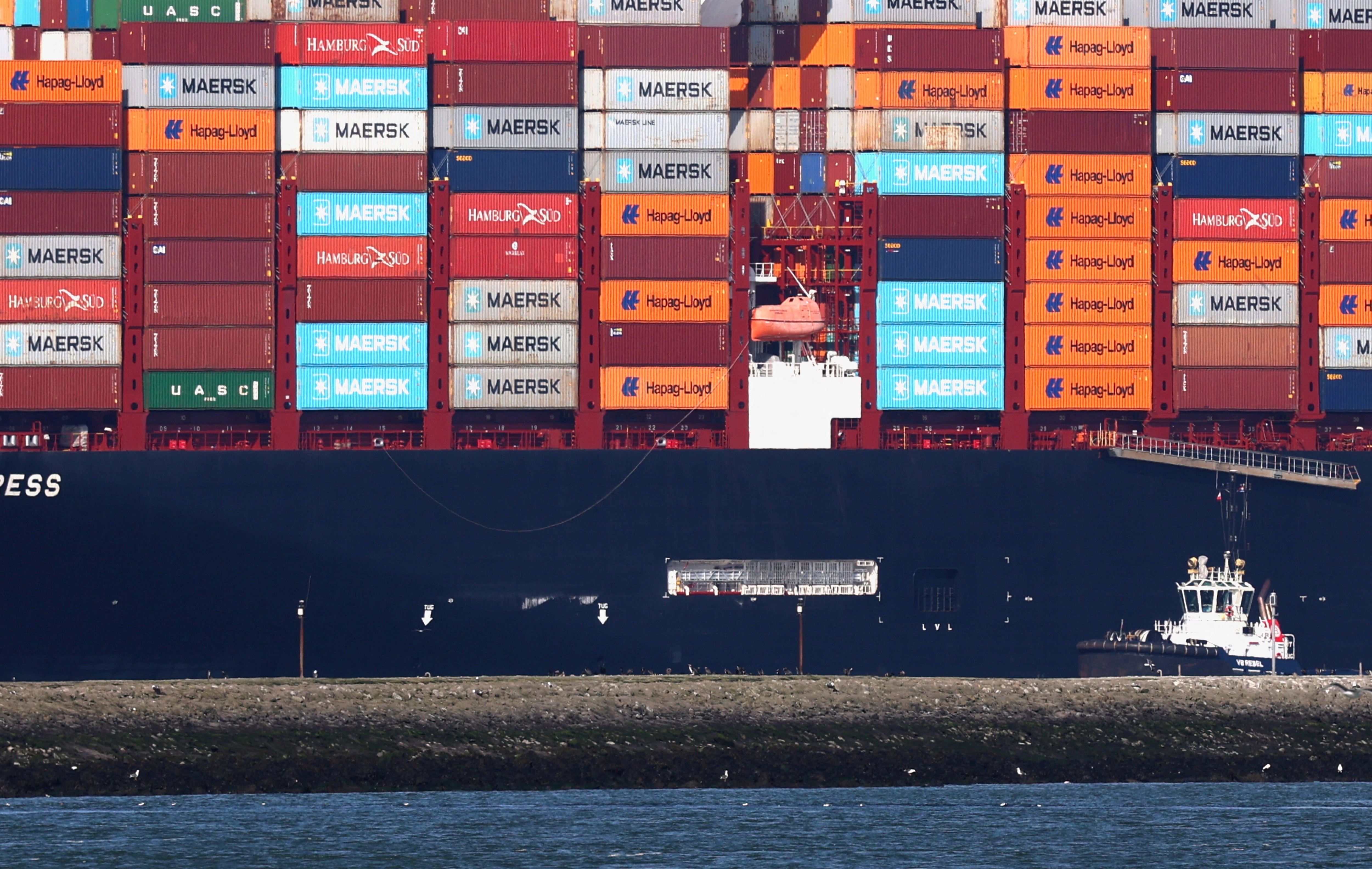 The Matz Maersk container ship sits in the port of Rotterdam, the Netherlands, May 18, 2026. 