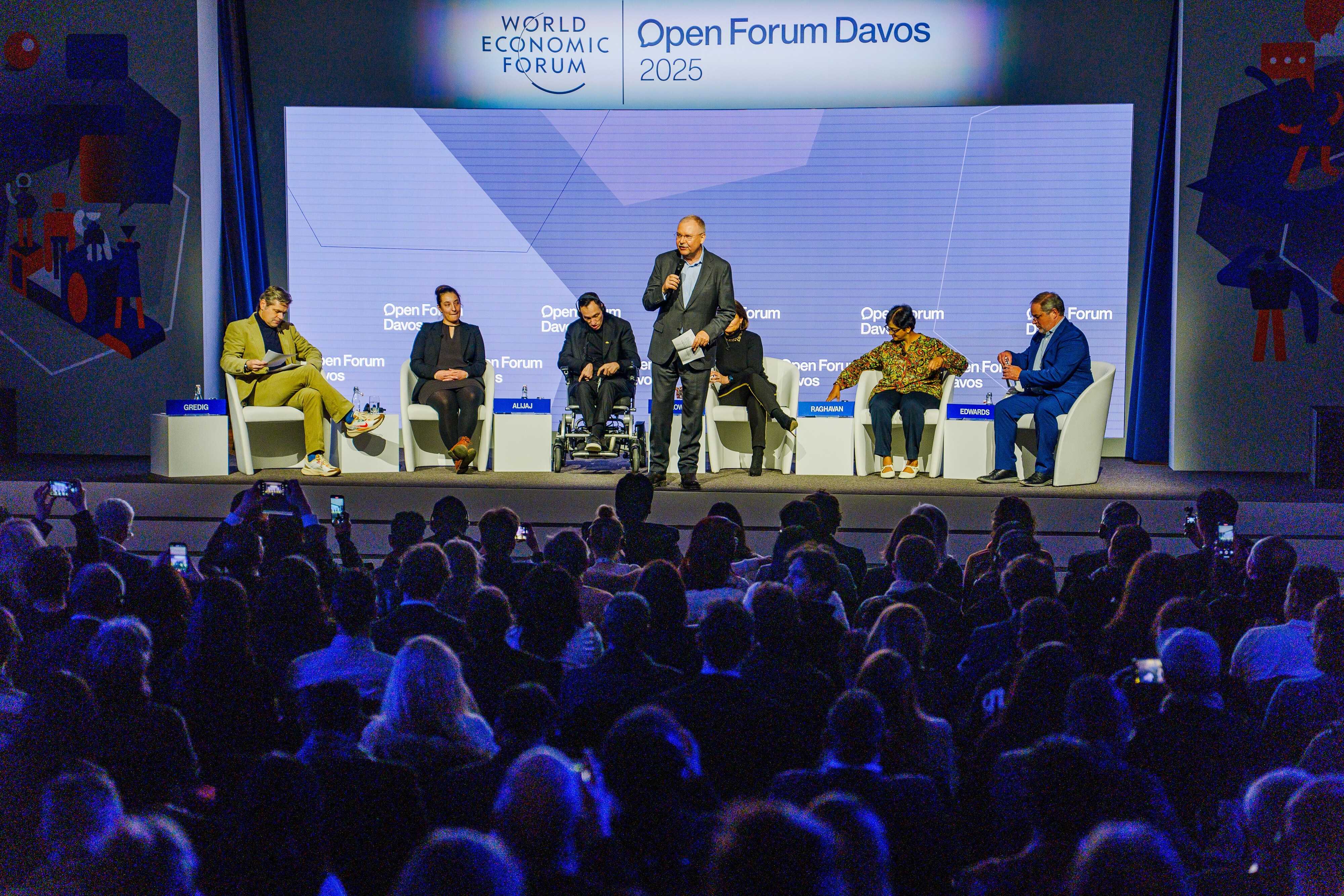 Alois Zwinggi, Managing Director, World Economic Forum; David Edwards, General Secretary, Education International, Belgium; Islam Alijaj, Member of the National Council, Swiss Parliament, Switzerland; Katy Talikowska, Chief Executive Officer, The Valuable 500, United Kingdom; Shanti Raghavan, Founder, Enable India, India; Urs Gredig, Moderator, Swiss Television SRF, Switzerland;, speaking in Open Forum: All Abilities Welcome session at the World Economic Forum Annual Meeting 2025 in Davos-Klosters, Switzerland, 20 January,  2025, 18:30-19:45 at Open Forum - Swiss Alpine High School - Auditorium. Open Forum.Copyright: World Economic Forum / Boris Baldinger