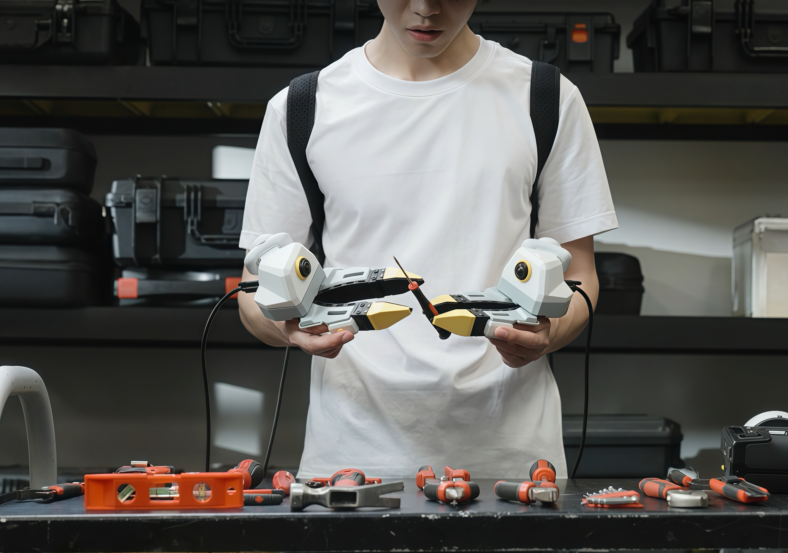 A man holding two robotic claws grasping a screwdriver: Tactile intelligence in robotics is what's driving them forward
