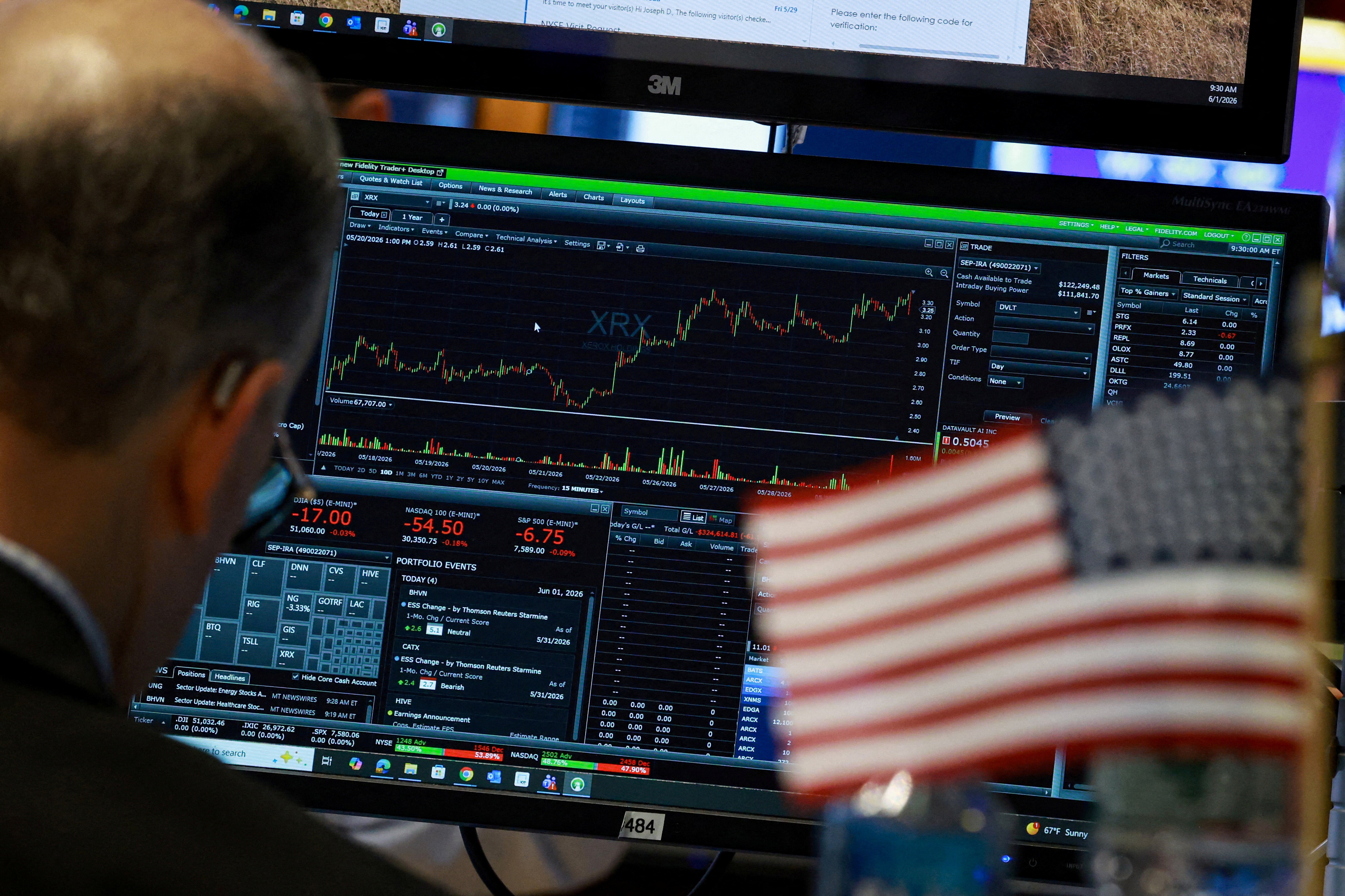 A trader works at his post on the floor at the New York Stock Exchange (NYSE) in New York City, U.S., June 1, 2026.  REUTERS/Brendan McDermid/File Photo