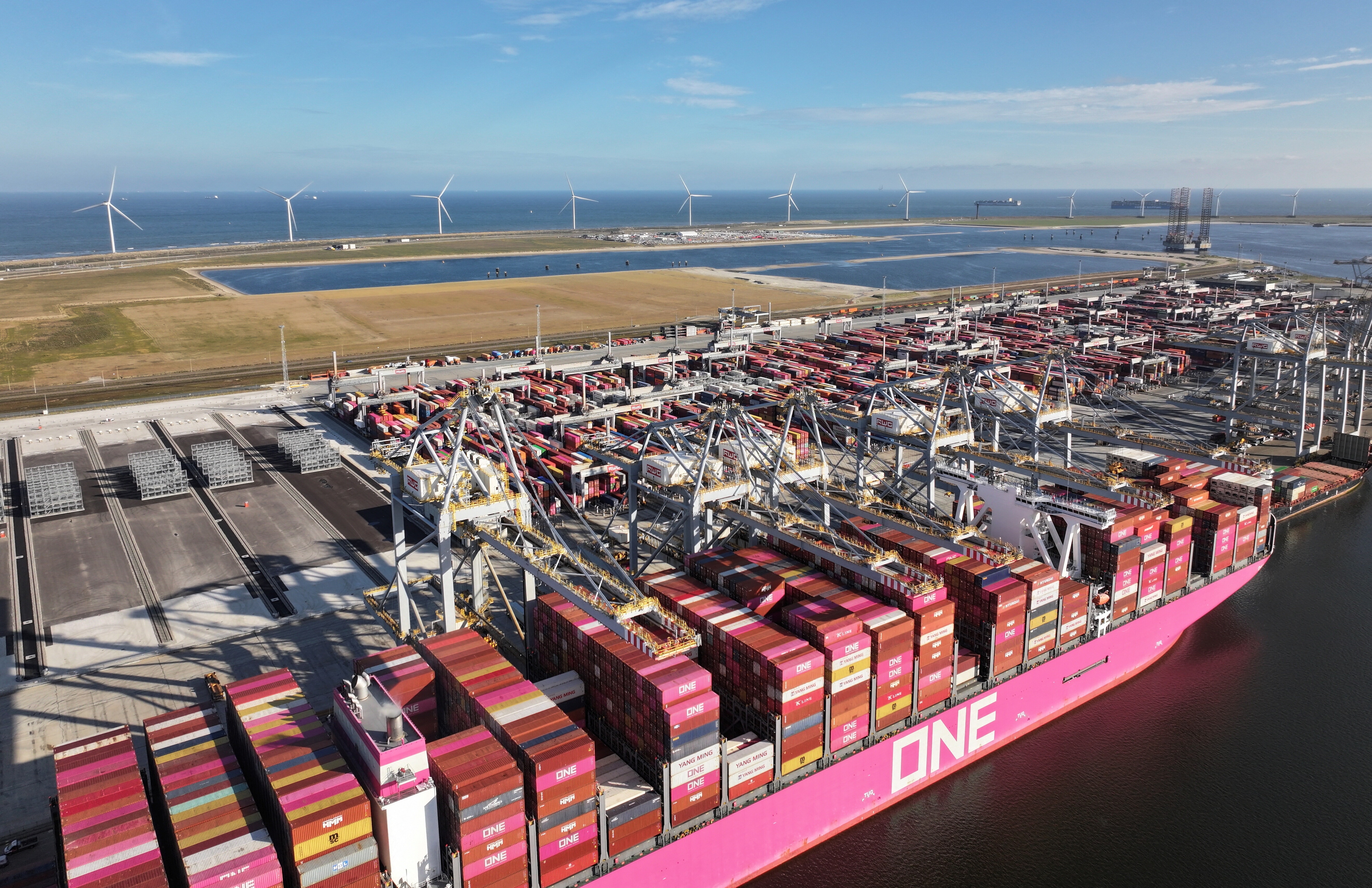A drone view shows a container ship moored at the port of Rotterdam in Rotterdam, Netherlands, July 9, 2025: Port cybersecurity is a governance and ecosystem challenge