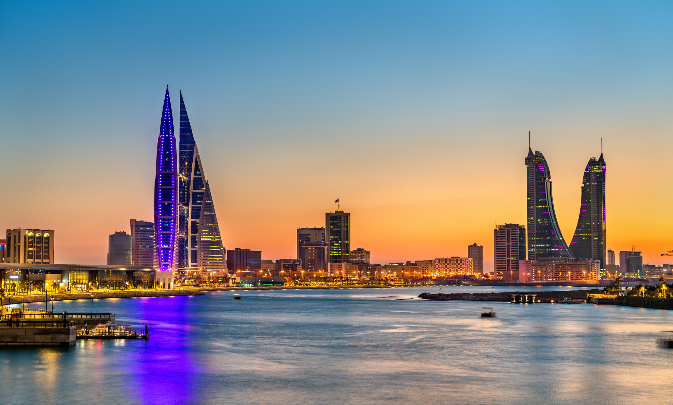 Skyline of Manama at sunset. The capital of Bahrain, part of the GCC