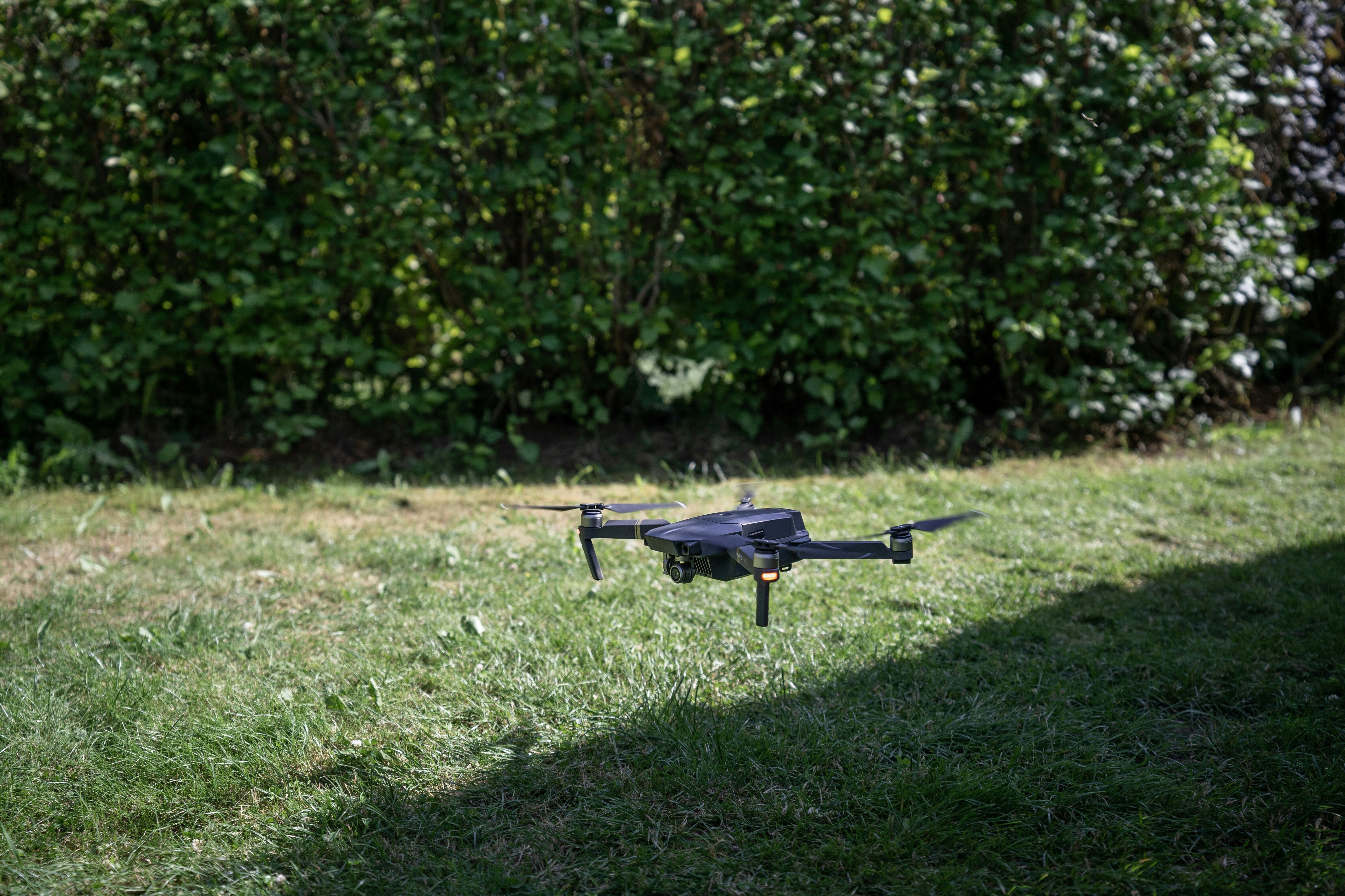 Grey quadcopter flying above the ground; green grass and hedge. Embodied AI