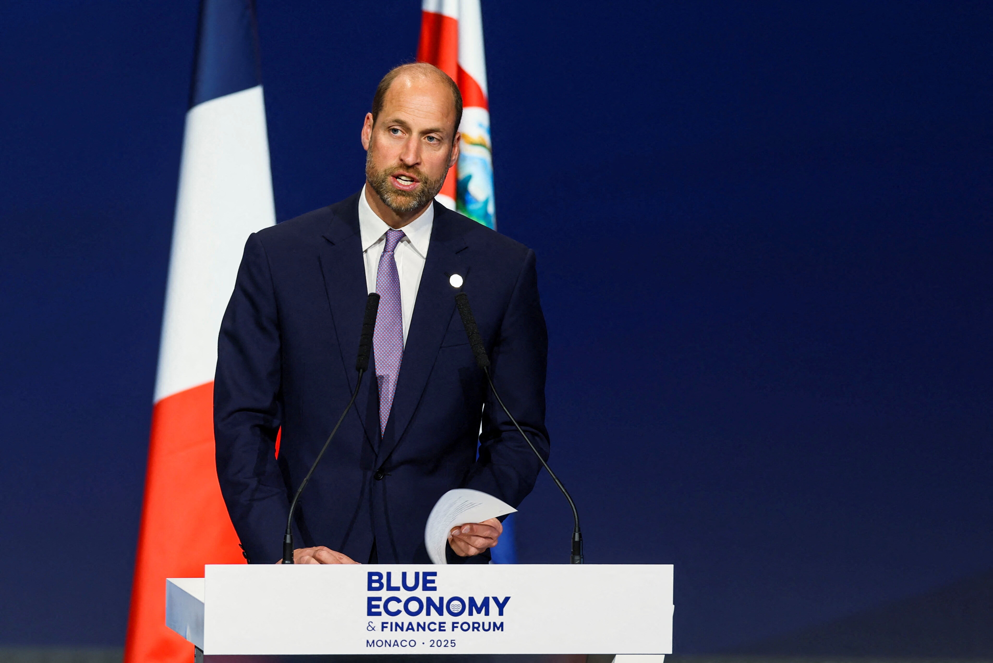 Britain's Prince William, Prince of Wales, delivers a speech during the Blue Economy and Finance Forum at the Grimaldi Forum in Monaco, June 8, 2025. 