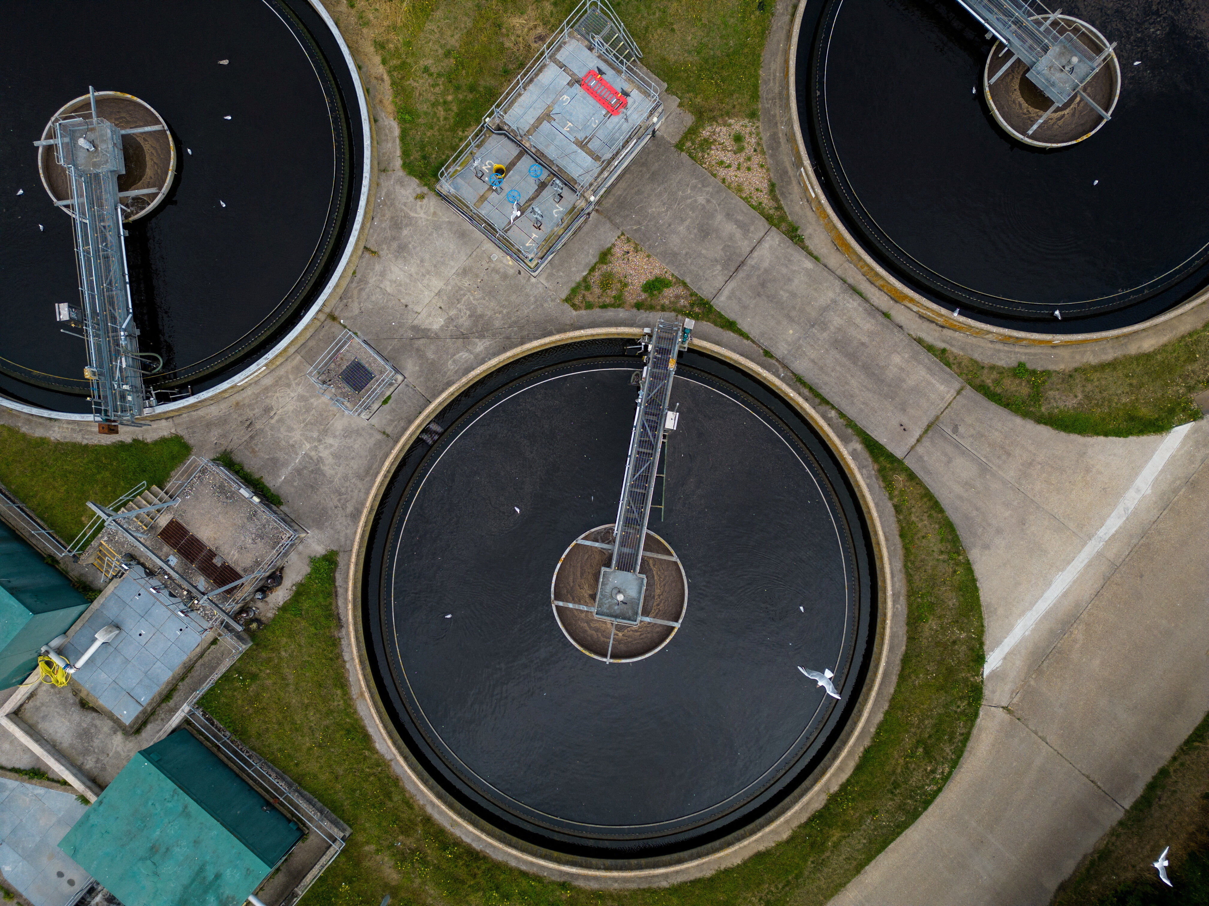 A drone view shows Swalecliffe wastewater treatment works, operated by Southern Water, in Whitstable, Britain, July 22 2024. 