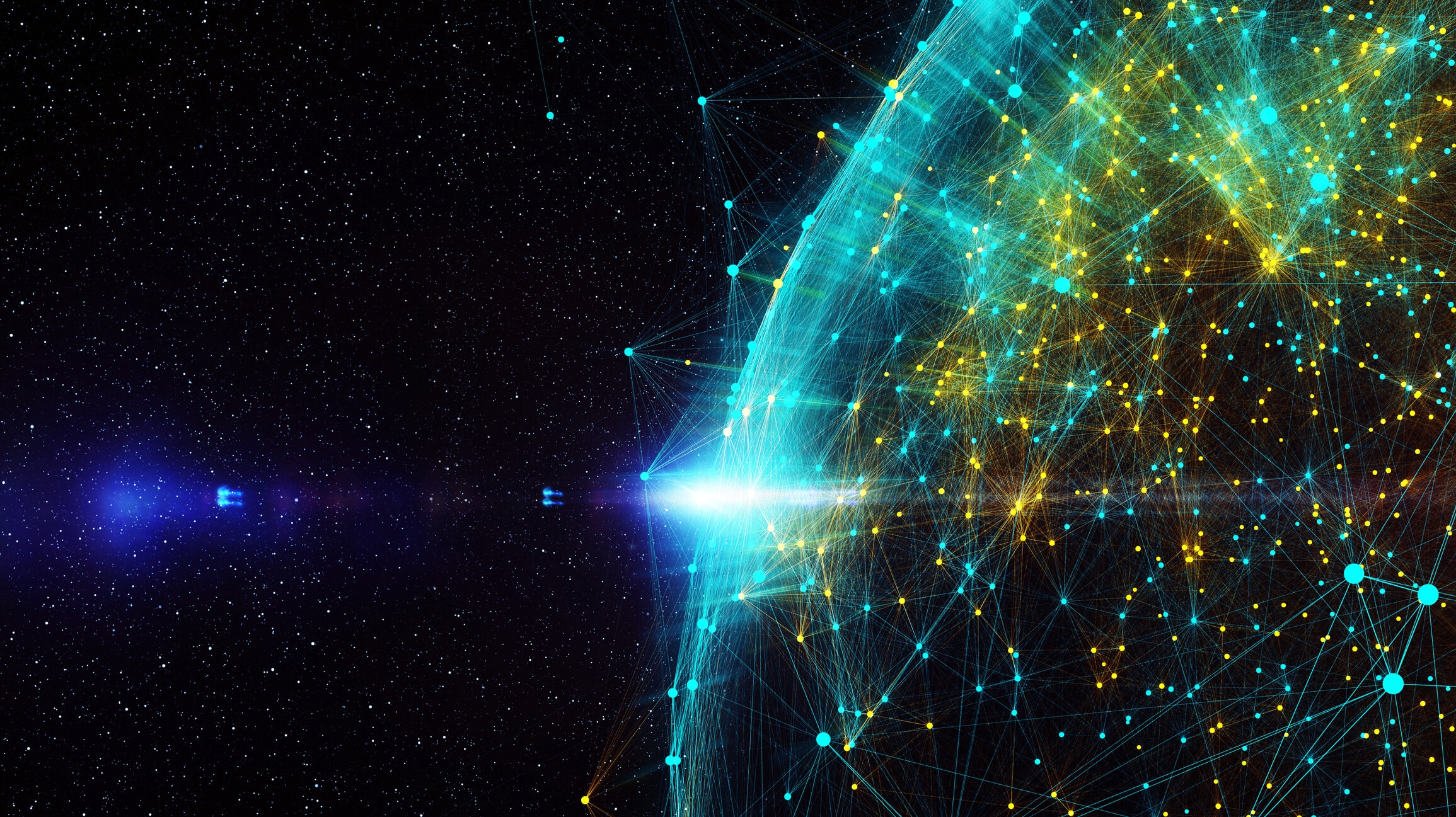 Blockchain network concept, Distributed register technology global communications, background made of color lines, circles and particles. Responsible AI 3D Rendering