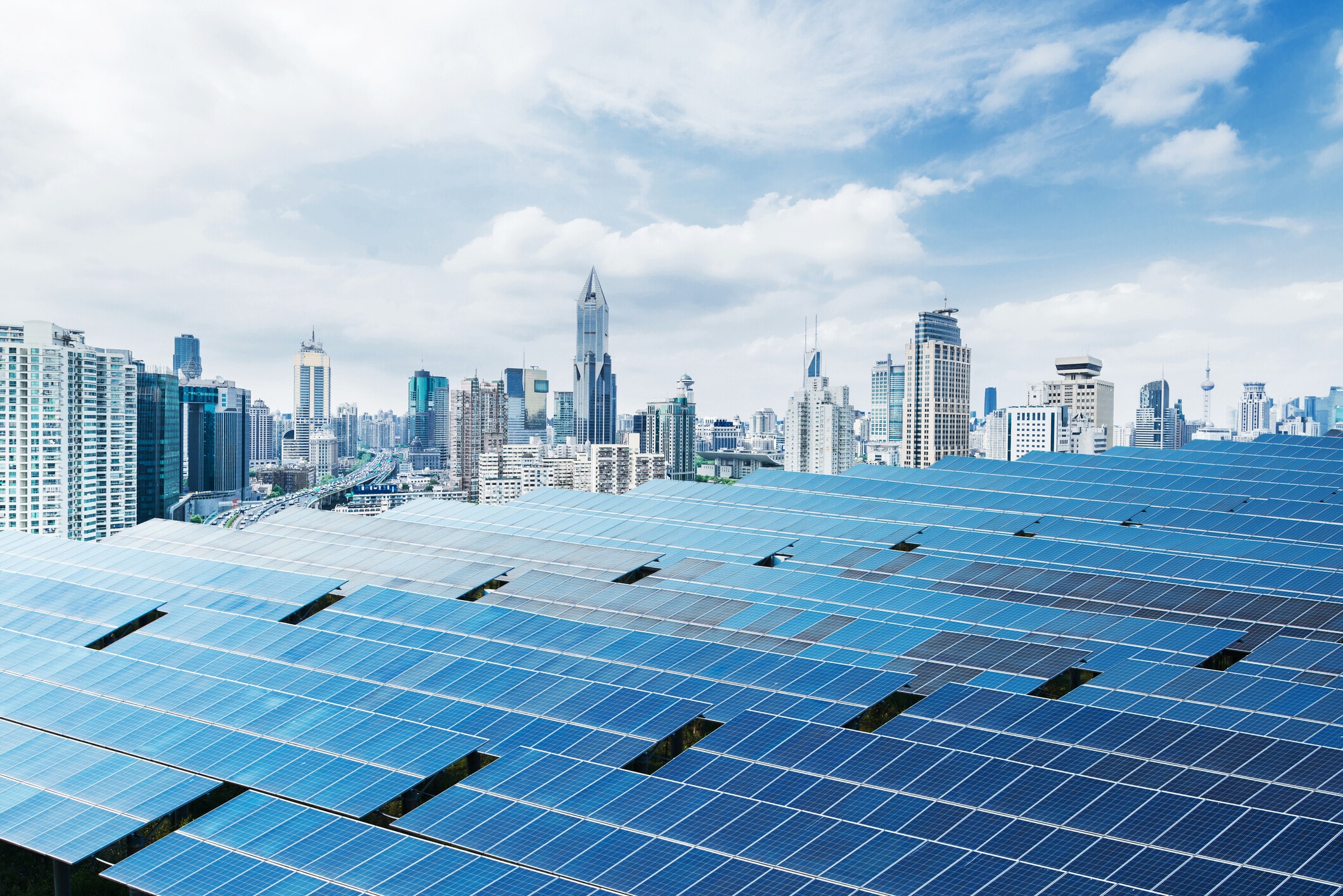 Urban background solar panels, Shanghai, China. Energy transition