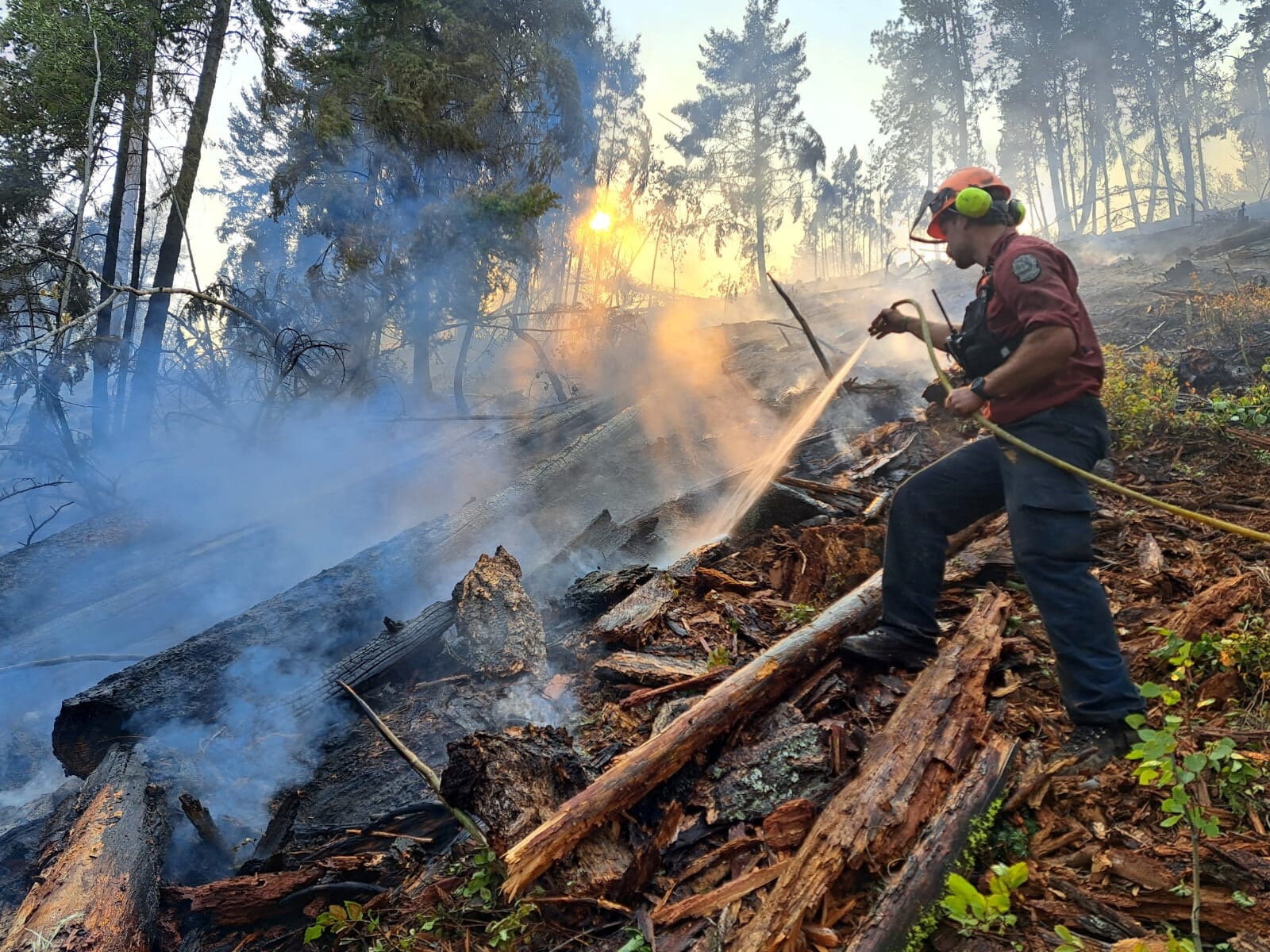 A wildland firefighter suppresses the Quilpituk Creek wildfire northwest of Kelowna, British Columbia, Canada.