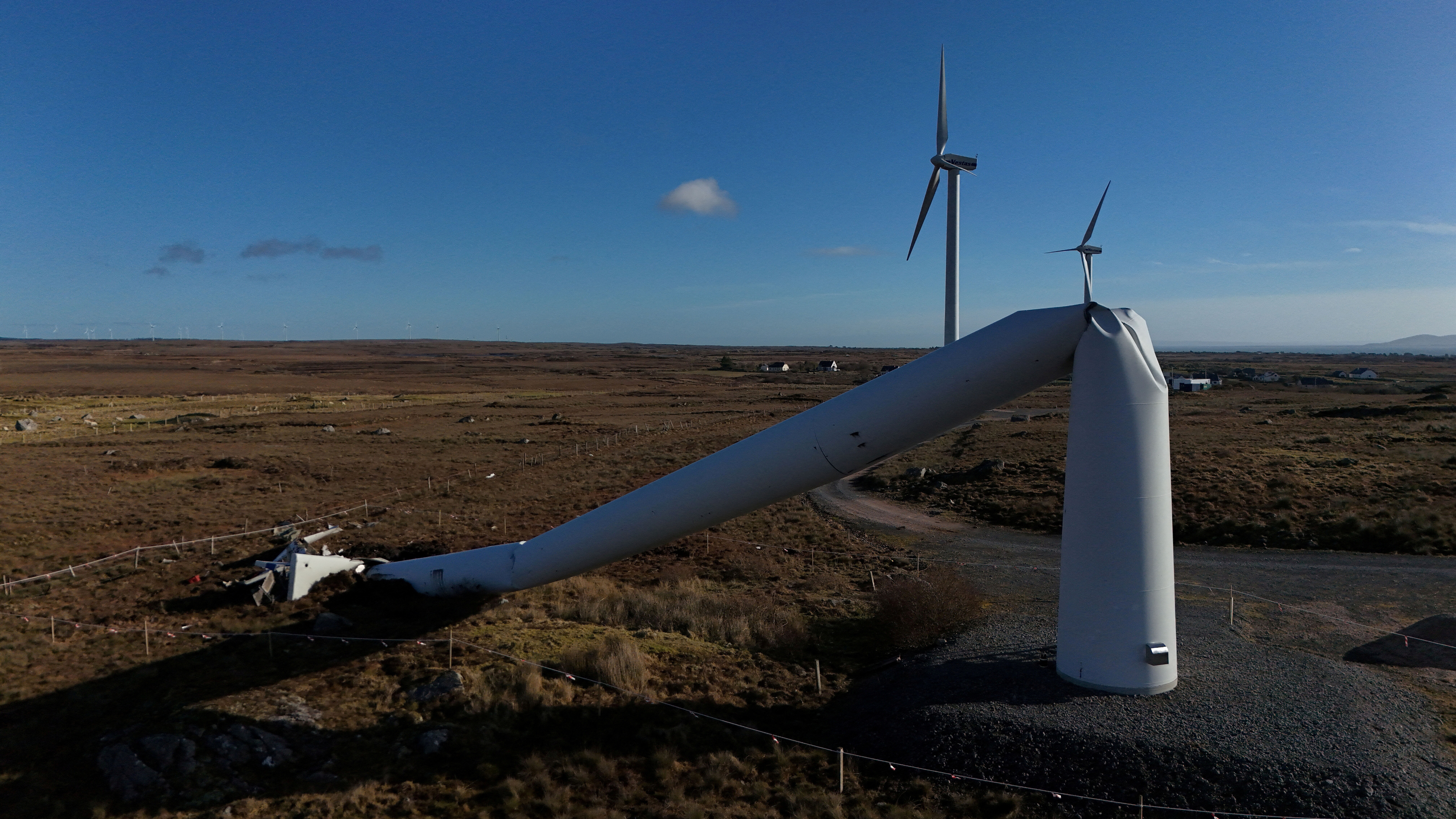 A damaged wind turbine blown over in Ireland during Storm Eowyn. Insurance is playing an increasingly important role in climate resilience.