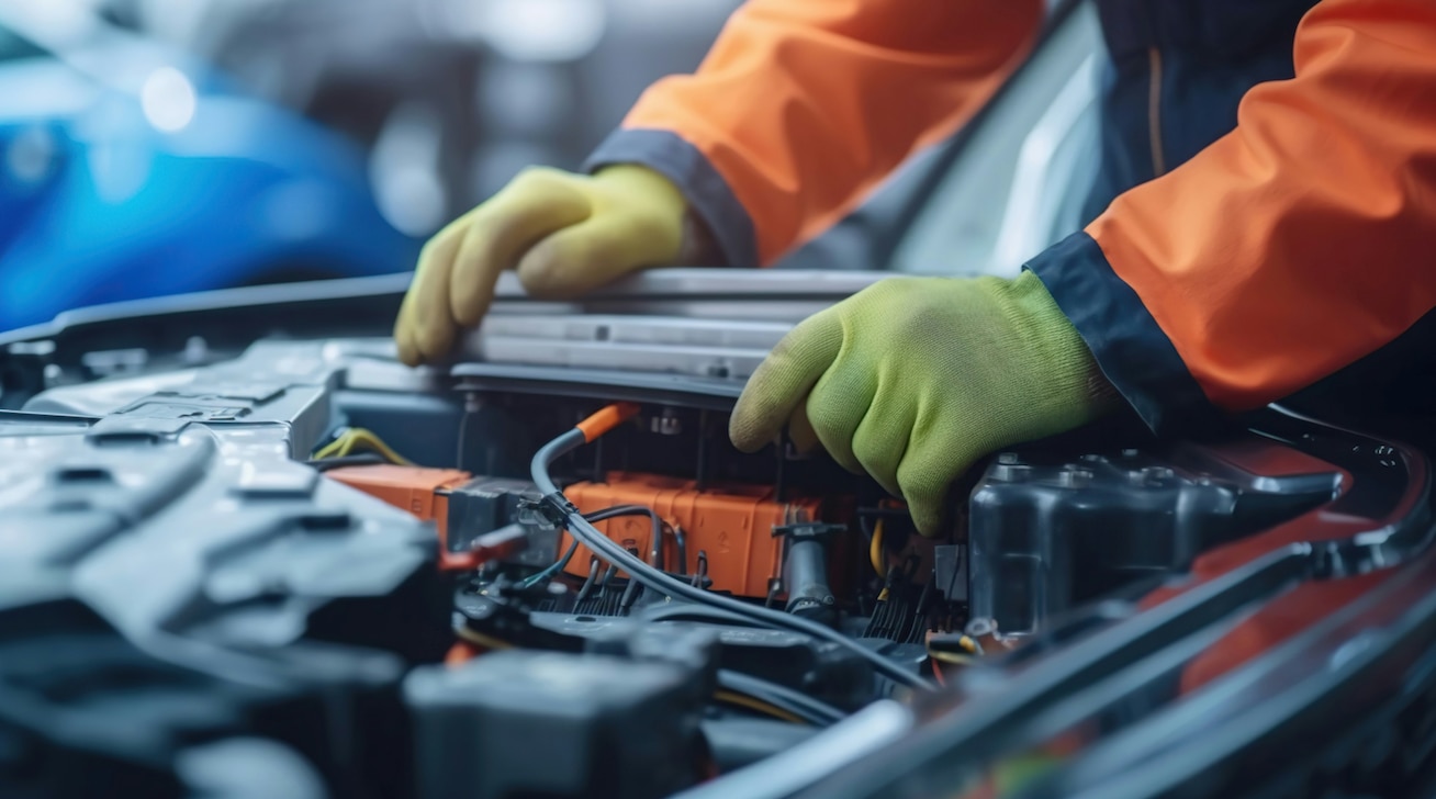A mechanic fixes an EV; EV batteries, waste management, industrial