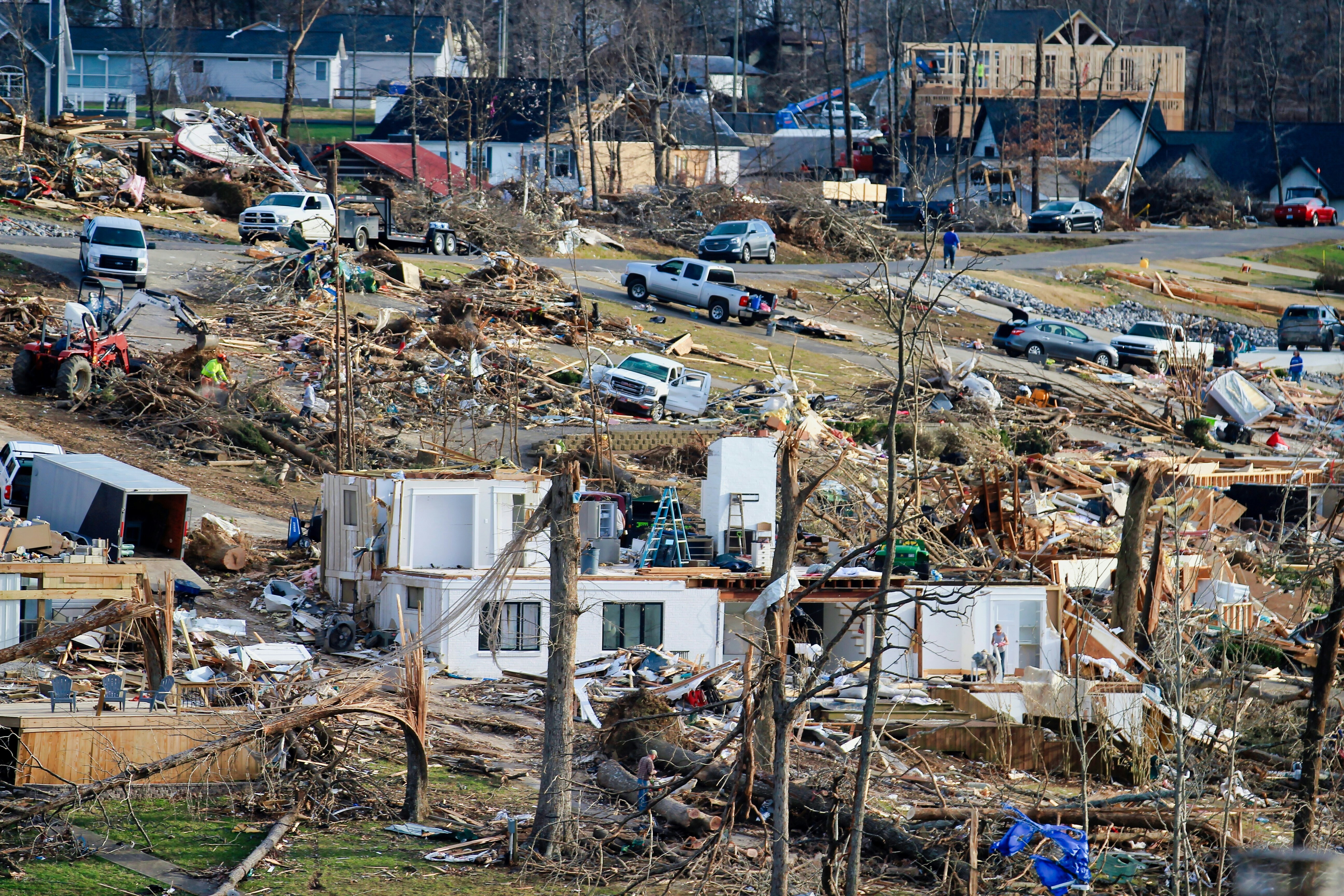Homes levelled in the aftermath of the December 2022 tornado. Cambridge Shores, KY, USA. Climate risk.