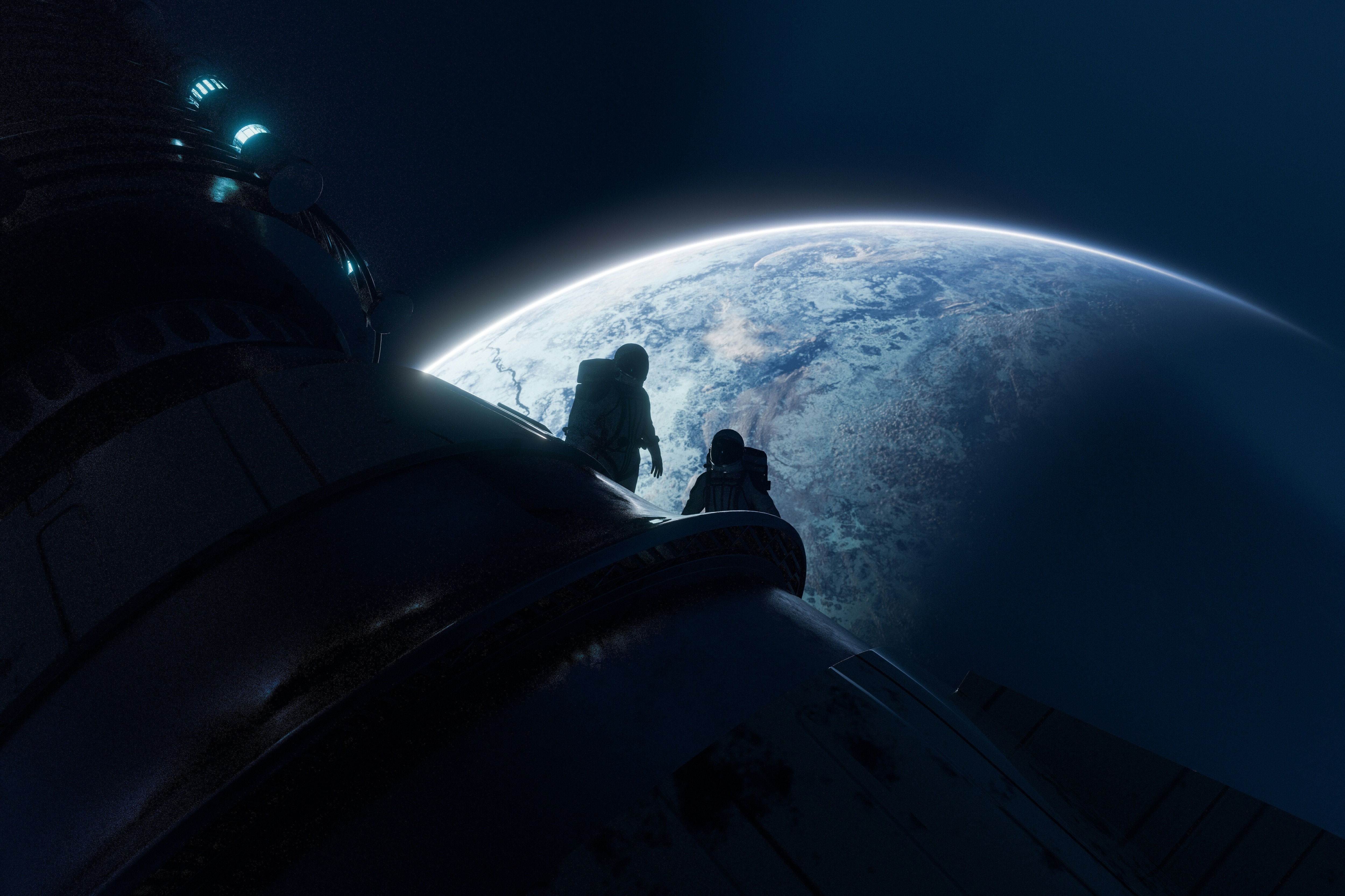 Two astronauts on a space vehicle with a planet with a planet in the background: Countries should aim for space sovereignty where possible but should ensure alignment with allies