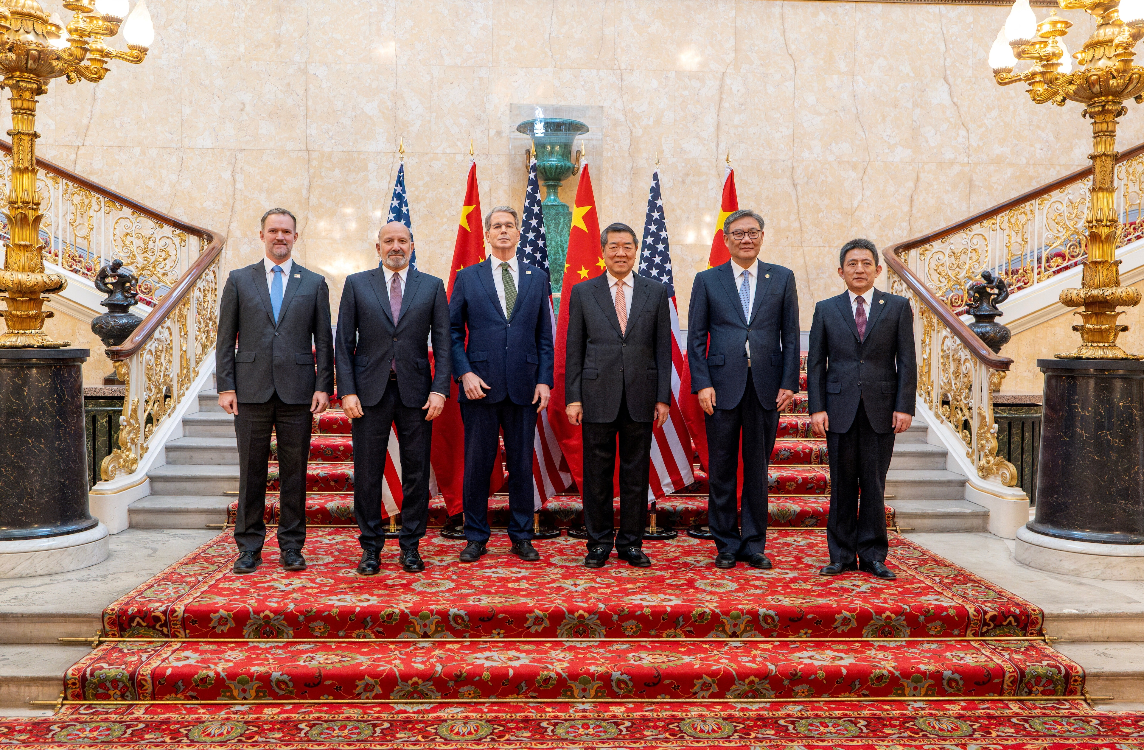 U.S. Secretary of the Treasury Scott Bessent, U.S. Trade Representative Jamieson Greer, China's International Trade Representative and Vice Minister of Commerce Li Chenggang, and Chinese Vice Premier He Lifeng, prepare to discuss on the day of a bilateral meeting between the U.S. and China, in Geneva, Switzerland, May 10, 2025. KEYSTONE/EDA/Martial Trezzini/Handout via REUTERS    THIS IMAGE HAS BEEN SUPPLIED BY A THIRD PARTY