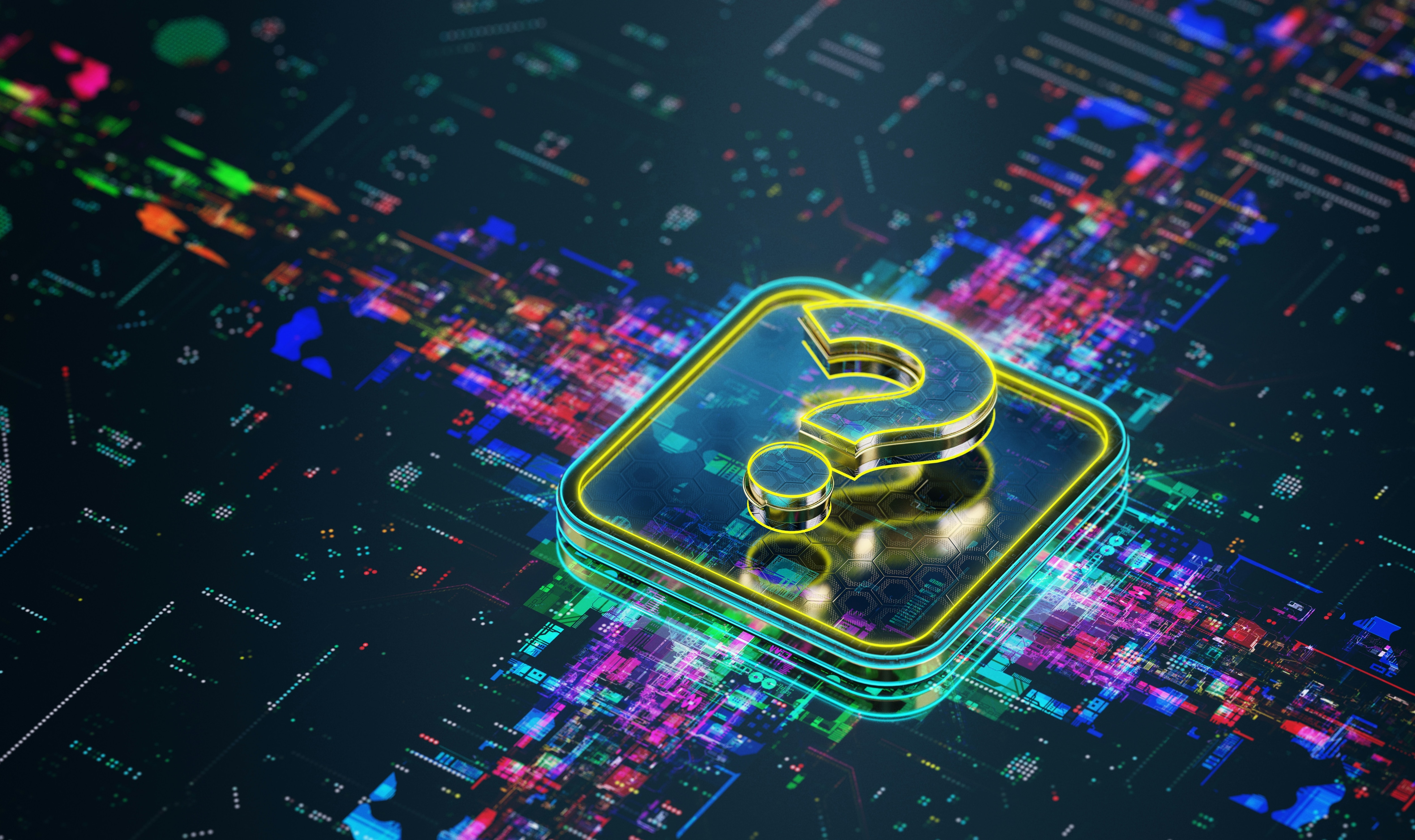A question mark on a processing chip set against a colorful digital background.