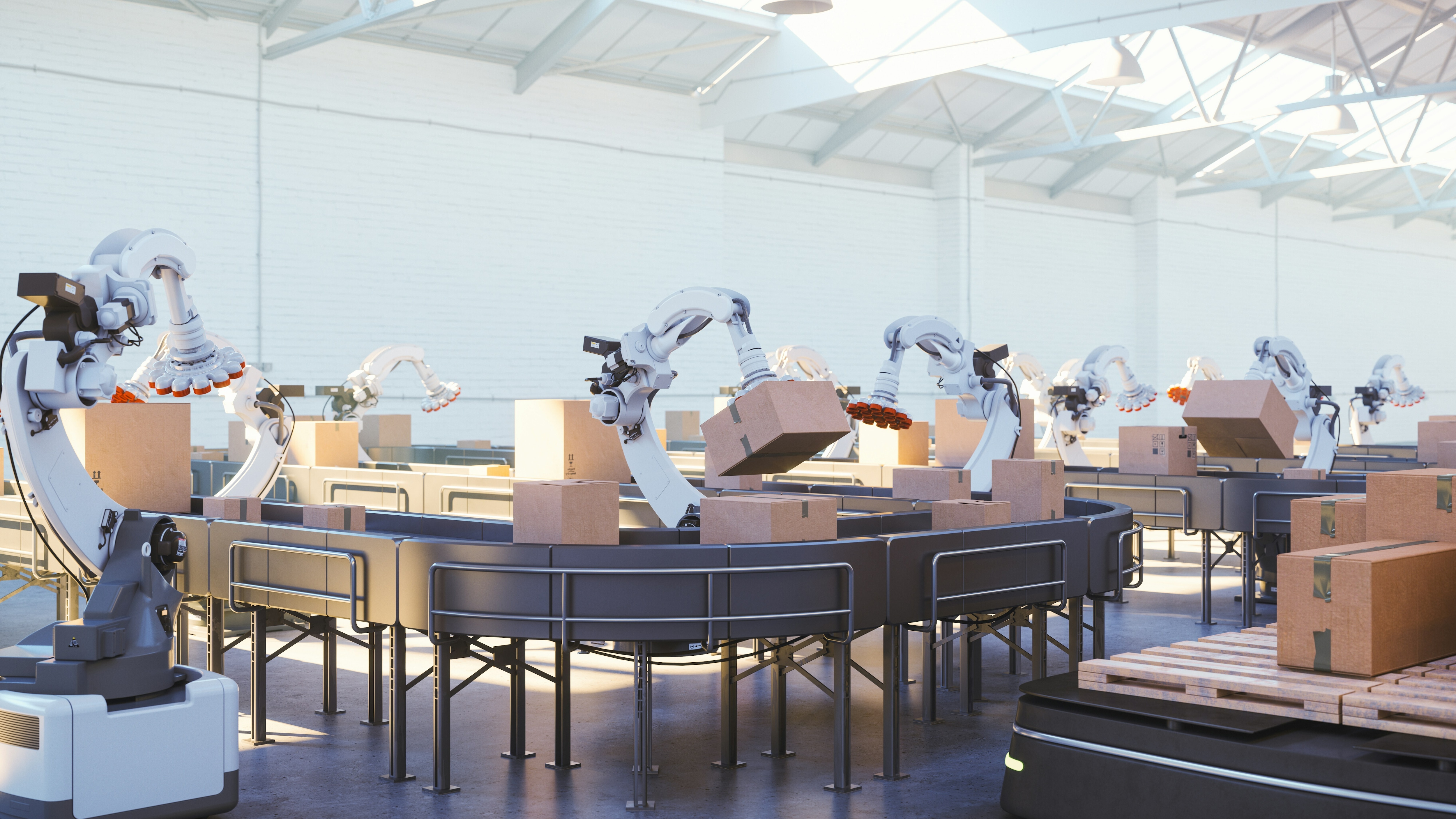 A row of robotic arms packing: AI and jobs are impacted by more than just the technology