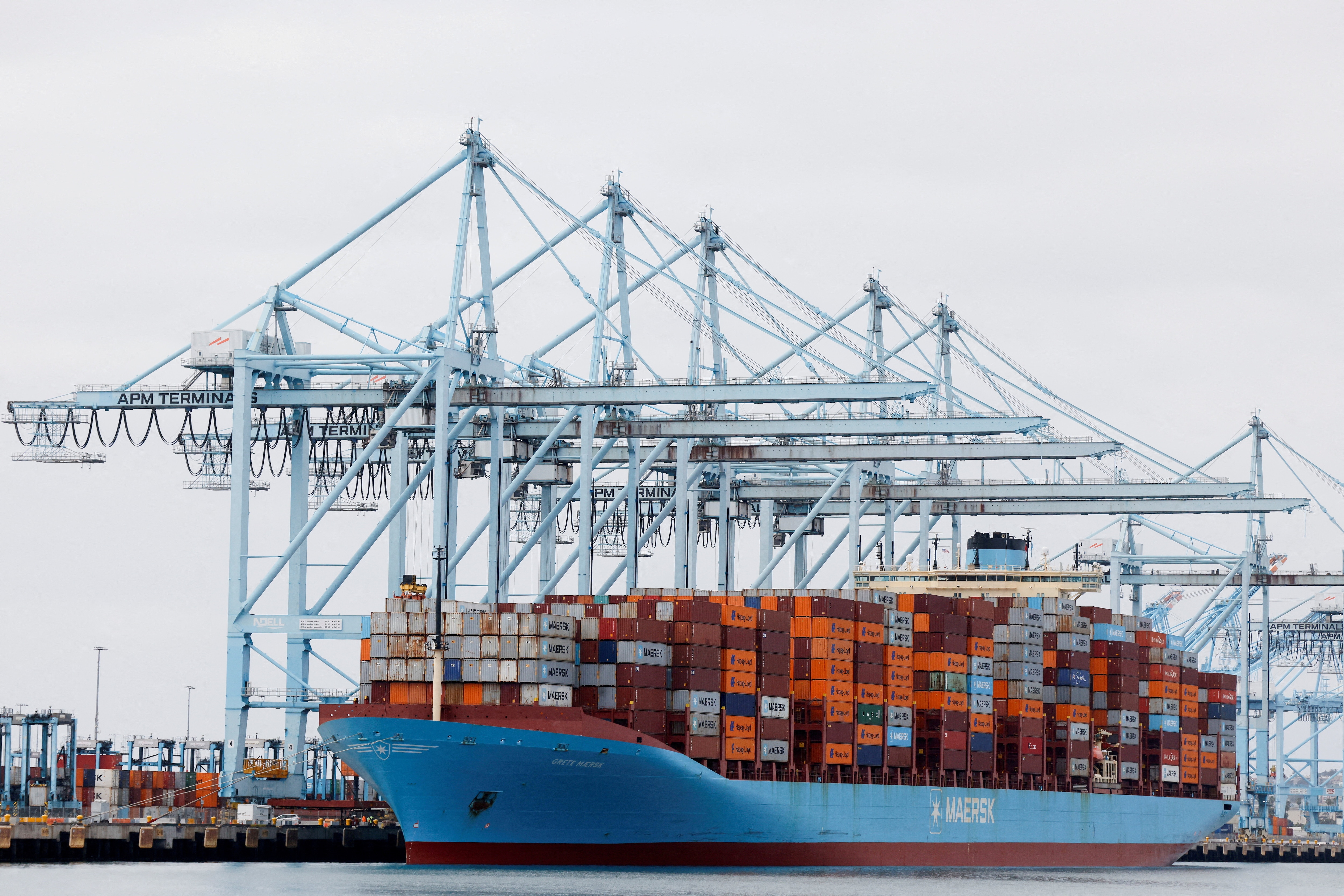 Shipping containers sit on a Maersk vessel docked at the port of Los Angeles in Long Beach, California, US, March 10, 2026.