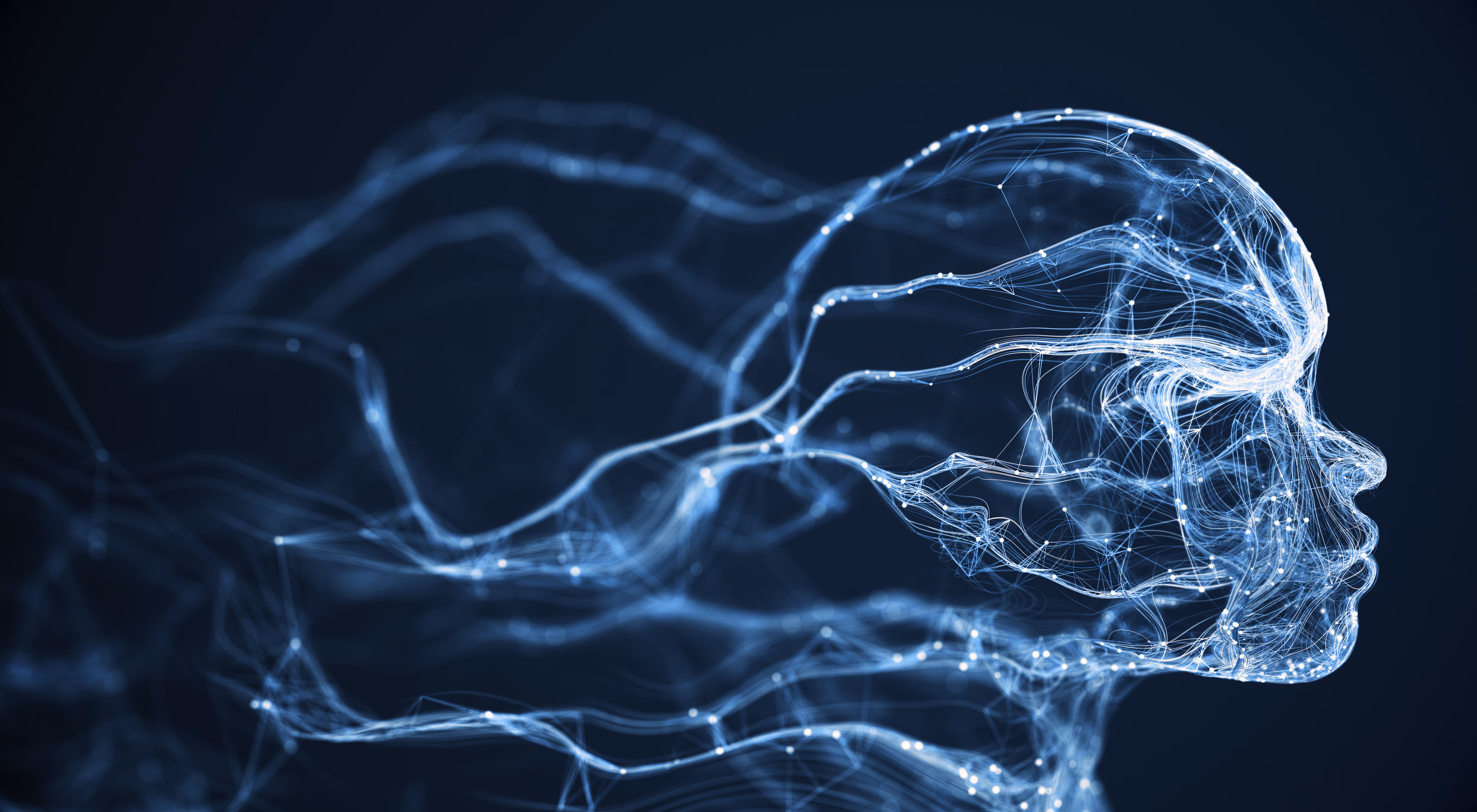 Abstract digital profile of a human head formed by glowing blue glowing lines, interconnected nodes, and flowing data streams against a dark background.