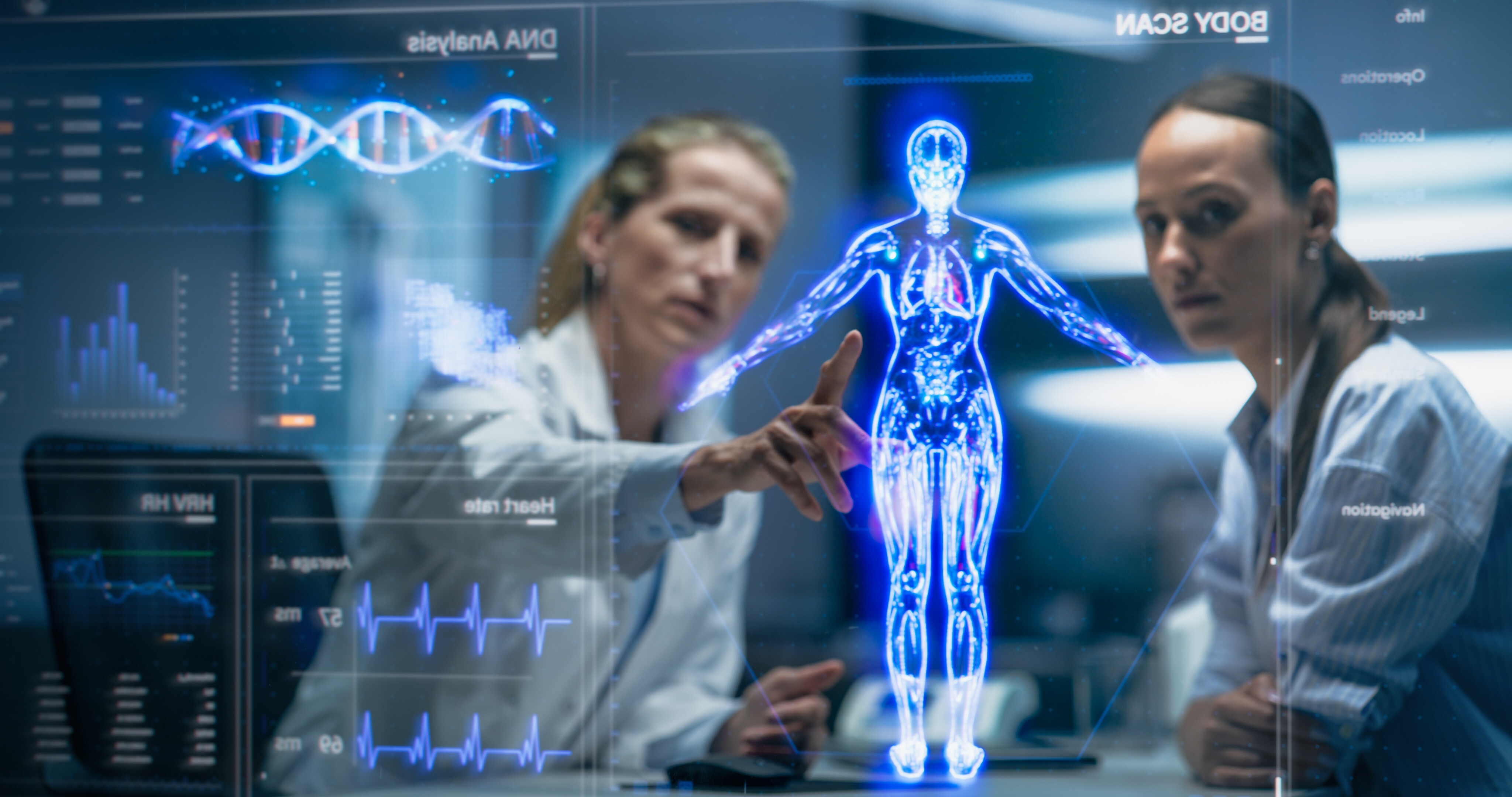 Physician and Patient Analyze a Holographic Body Model. Technology Discussions on Optimizied Healthcare, Diagnostic Accuracy. Personalized Treatment Approaches In A Futuristic Healthcare Environment