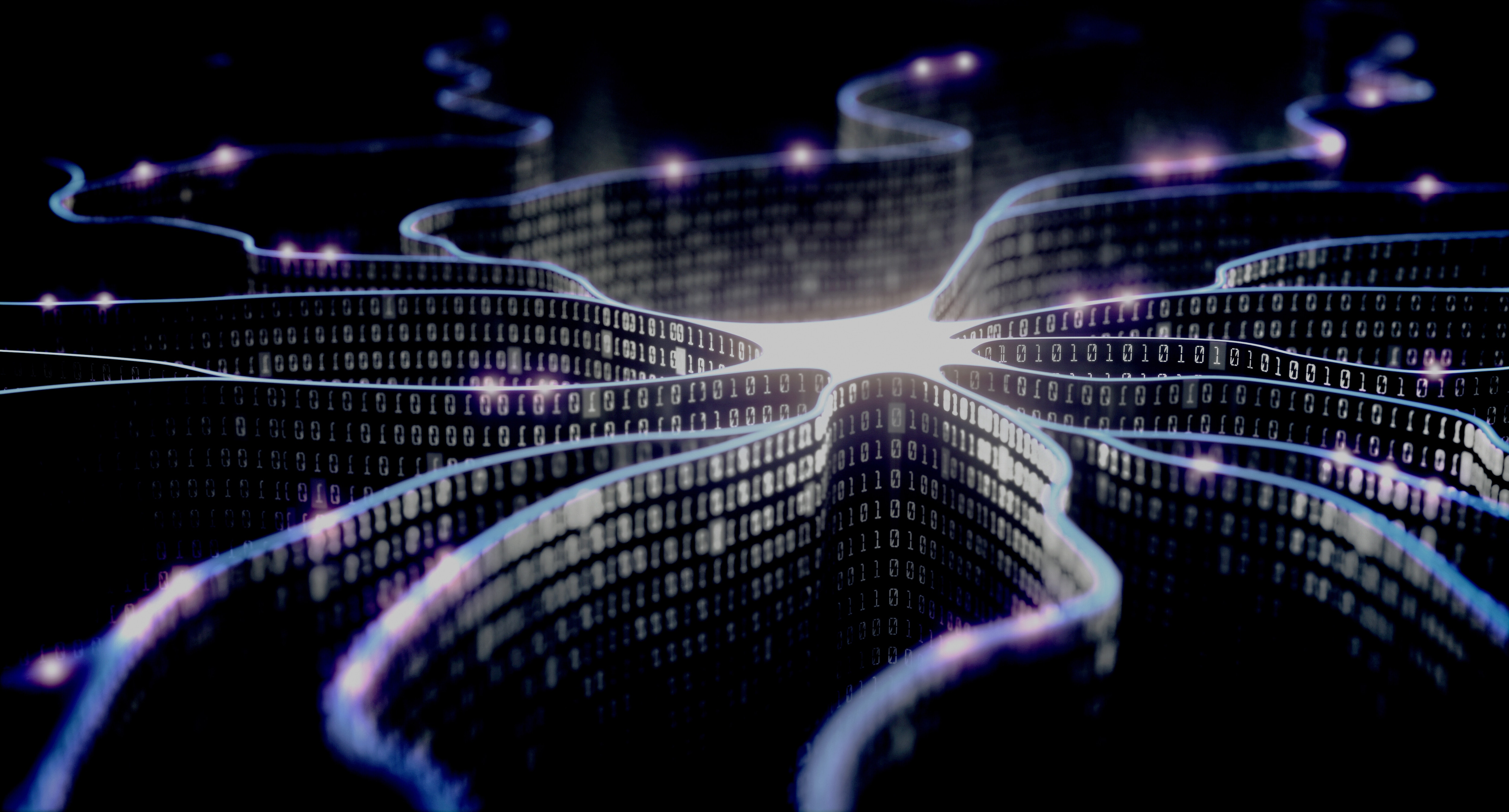 Artificial neuron in concept of artificial intelligence. Wall-shaped binary codes make transmission lines of pulses and/or information in an analogy to a microchip. Neural network and data transmission. physical AI