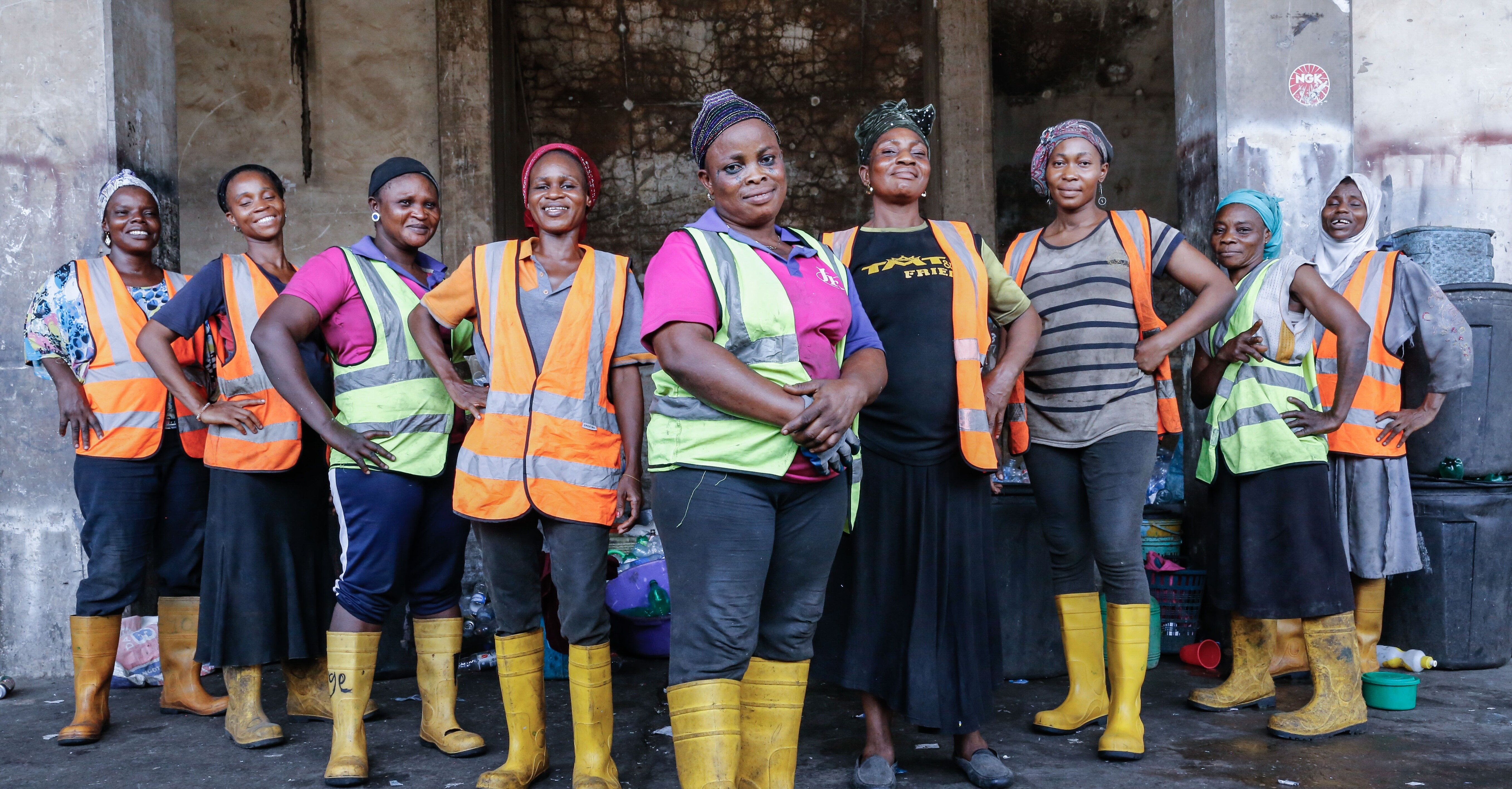 public-private partnerships: An all-female team of sorters pose for a photograph at the recycling hub in Ebute Metta, Lagos, Nigeria on Thursday 14th March 2019.