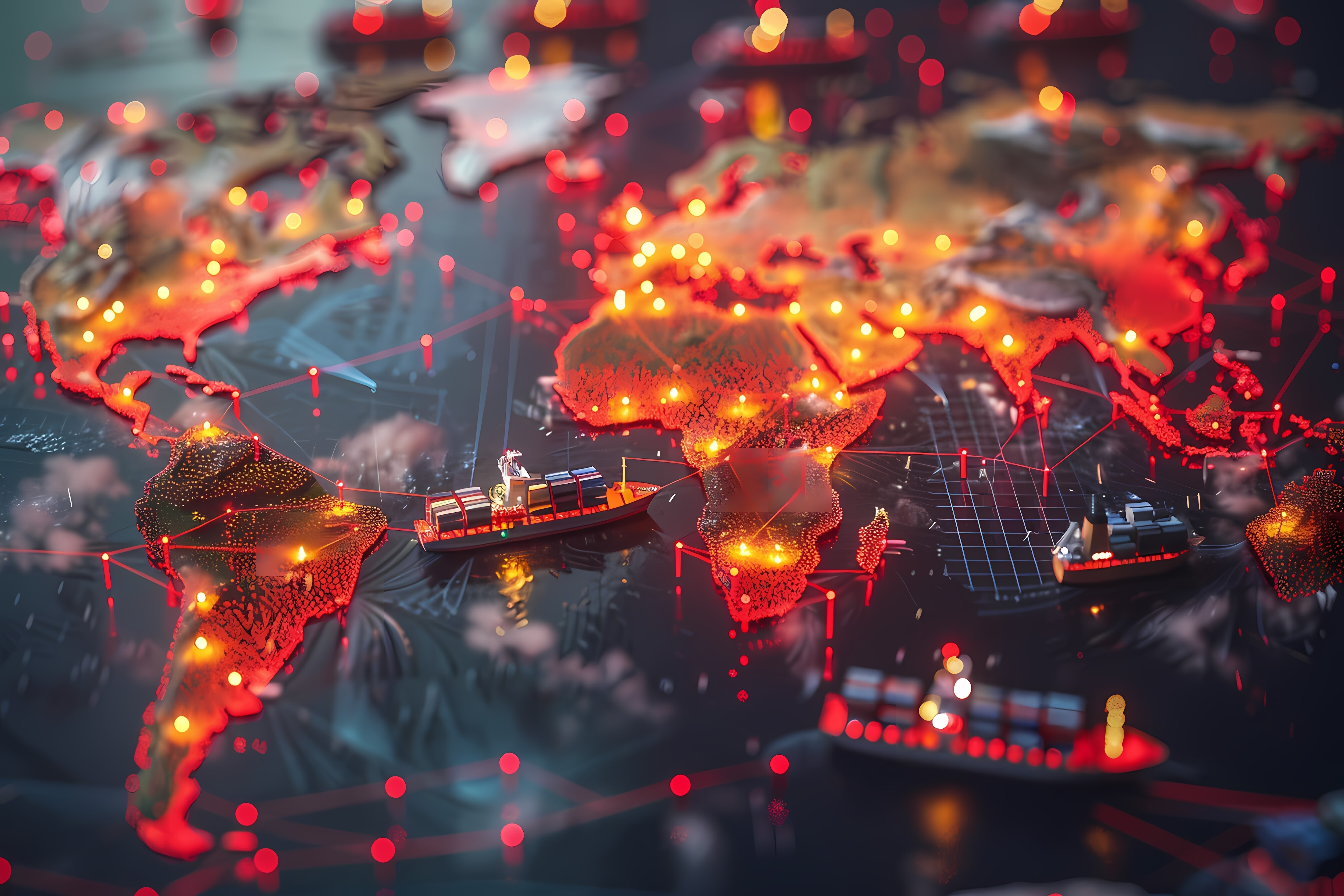 An illustration shows container ships on a world map: geopolitics, trade, logistics, supply chains.