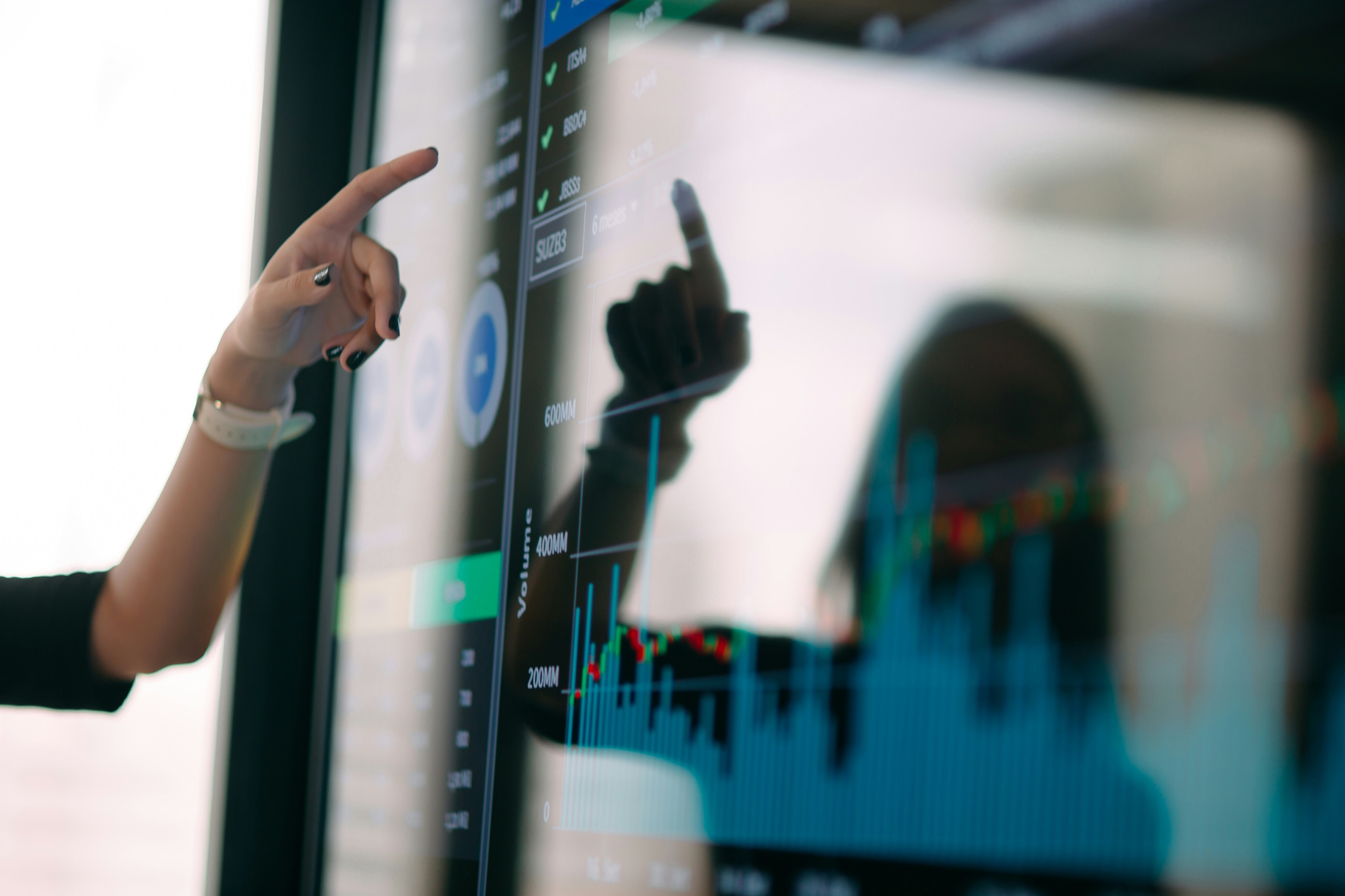 A woman points at a screen showing financial charts and figures; economic progress