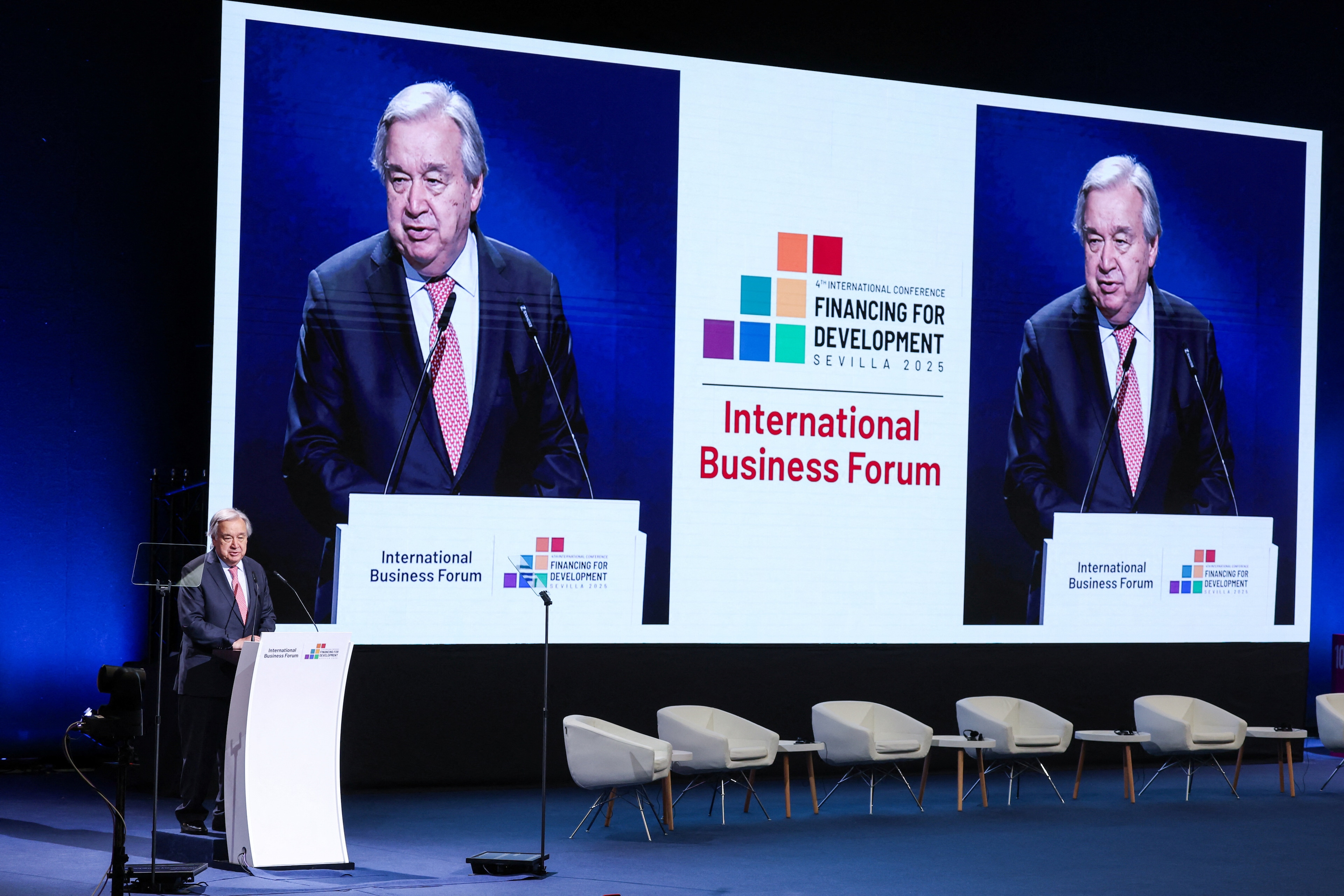 UN Secretary-General Antonio Guterres speaks at the International Business Forum leaders summit opening, during the 4th International Conference on Financing for Development, in Seville, Spain, June 30, 2025. REUTERS/Claudia Greco