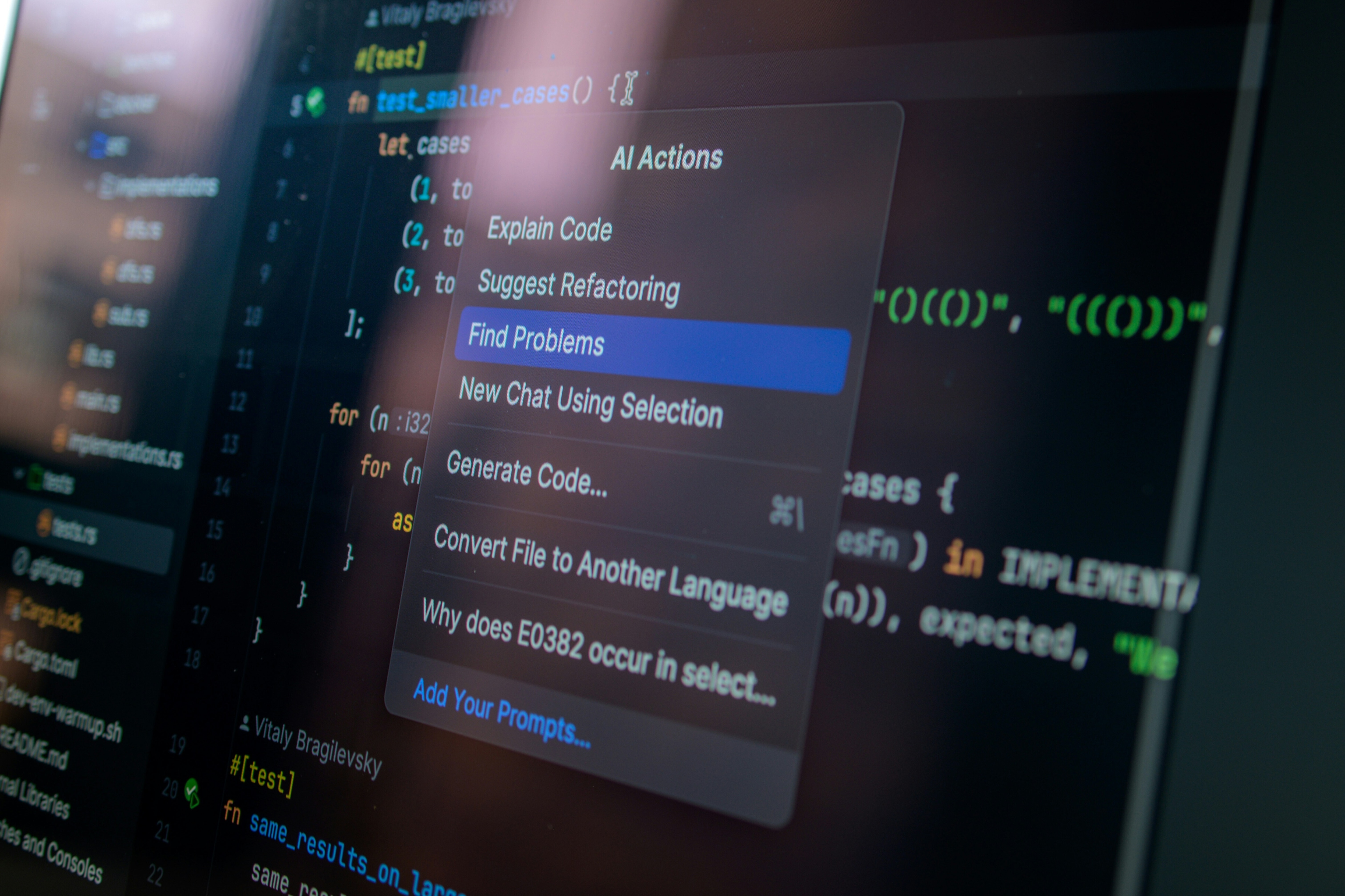 A computer screen displays an AI prompt.